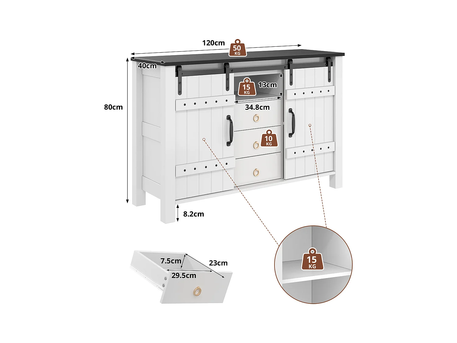 Buffet avec rangement 120 cm – Portes coulissantes et 3 tiroirs, style rustique en bois, blanc, idéal pour cuisine, salle à manger et salon