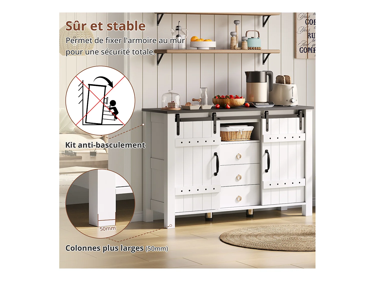 Buffet avec rangement 120 cm – Portes coulissantes et 3 tiroirs, style rustique en bois, blanc, idéal pour cuisine, salle à manger et salon
