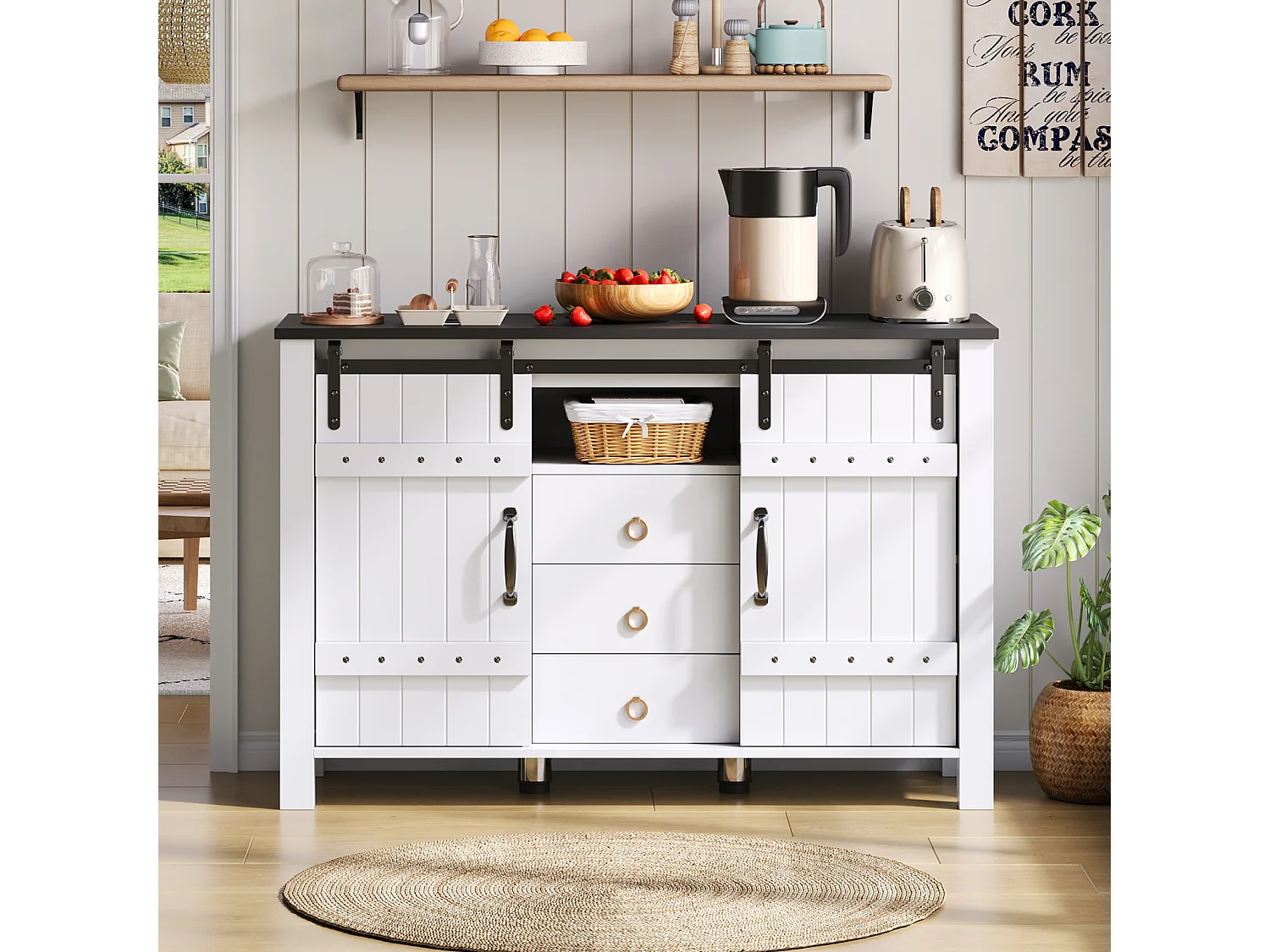 Aparador con almacenaje 120 cm - Puertas correderas y 3 cajones, estilo rústico en madera, color blanco, ideal para cocina, comedor y salón