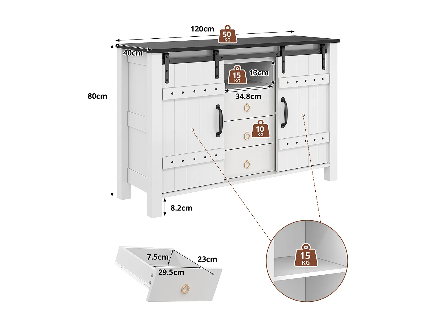 Aparador con almacenaje 120 cm - Puertas correderas y 3 cajones, estilo rústico en madera, color blanco, ideal para cocina, comedor y salón