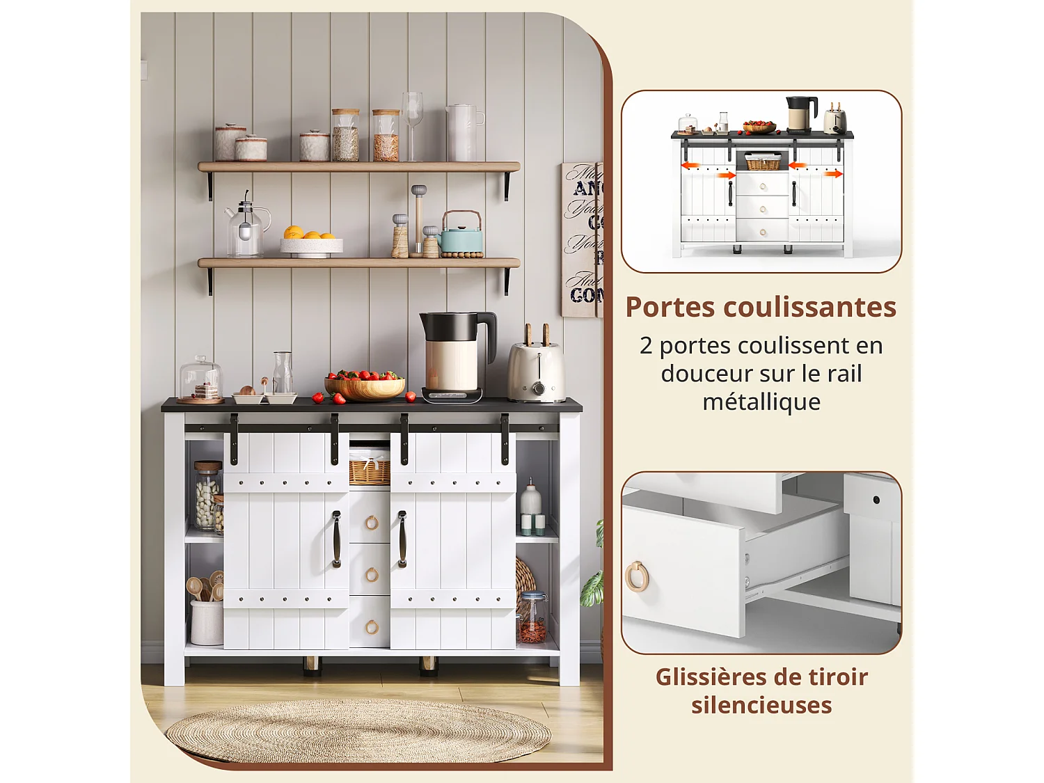Aparador con almacenaje 120 cm - Puertas correderas y 3 cajones, estilo rústico en madera, color blanco, ideal para cocina, comedor y salón