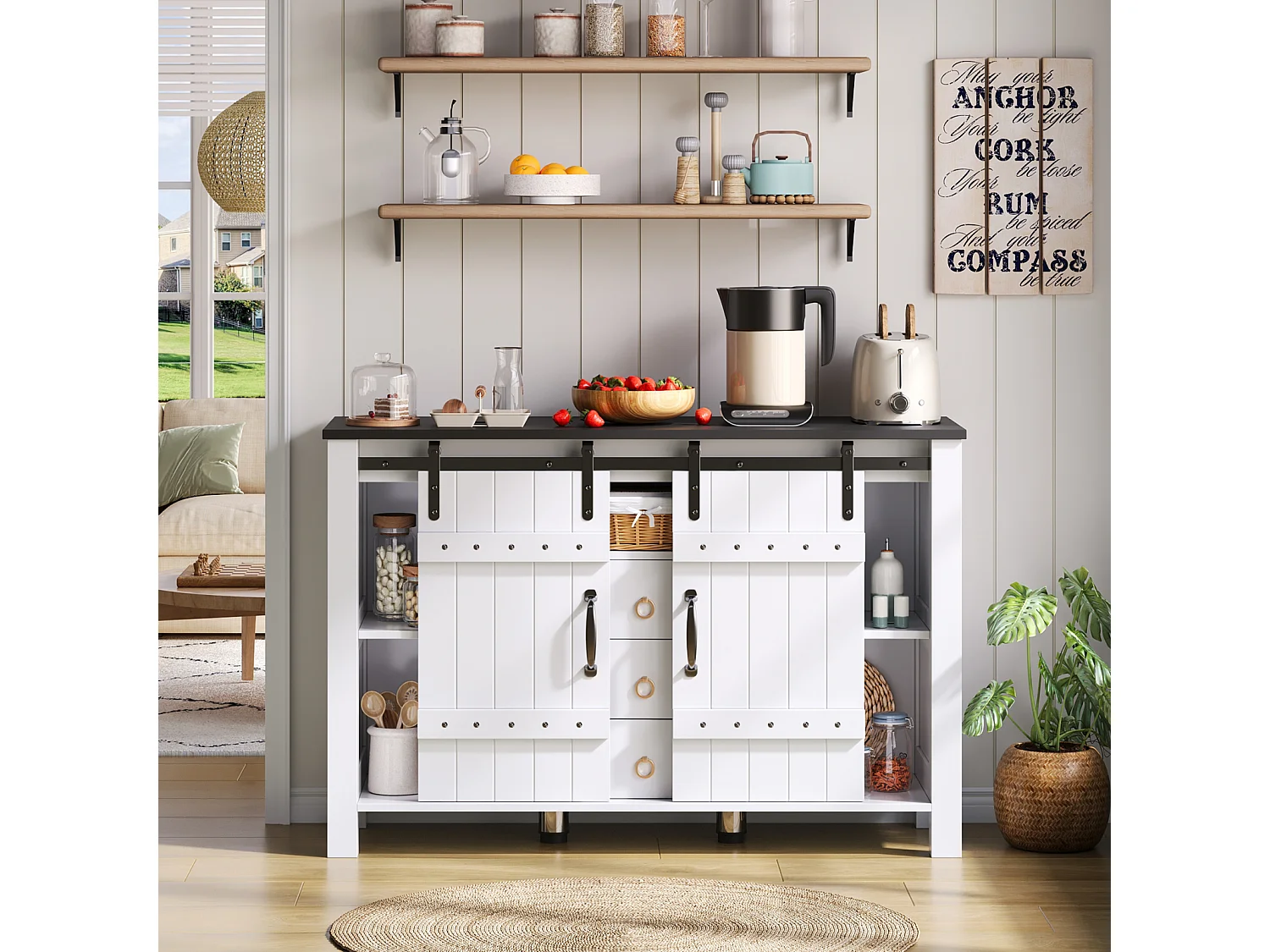 Dressoir met opbergruimte 120 cm - Schuifdeuren en 3 lades, rustieke stijl in hout, wit, ideaal voor keuken, eetkamer en woonkamer