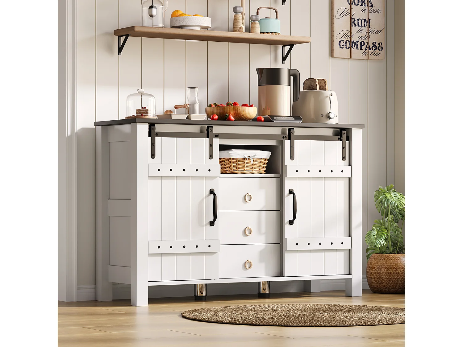Dressoir met opbergruimte 120 cm - Schuifdeuren en 3 lades, rustieke stijl in hout, wit, ideaal voor keuken, eetkamer en woonkamer