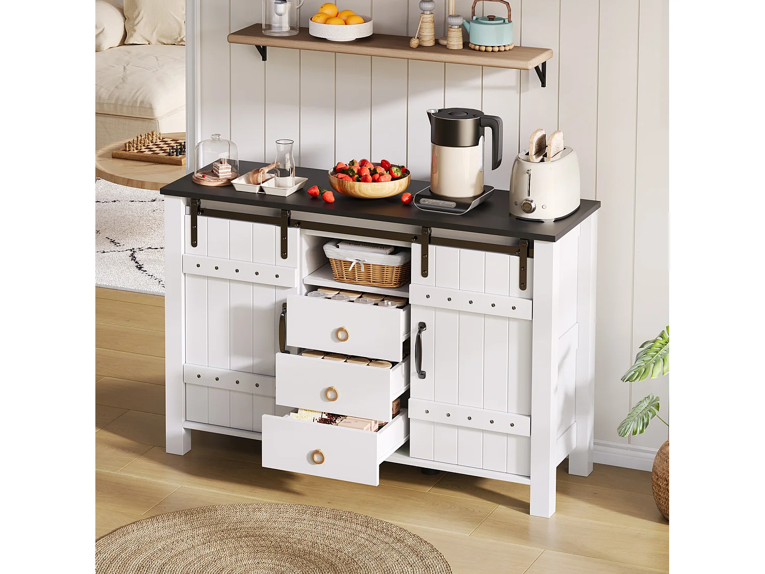 Dressoir met opbergruimte 120 cm - Schuifdeuren en 3 lades, rustieke stijl in hout, wit, ideaal voor keuken, eetkamer en woonkamer