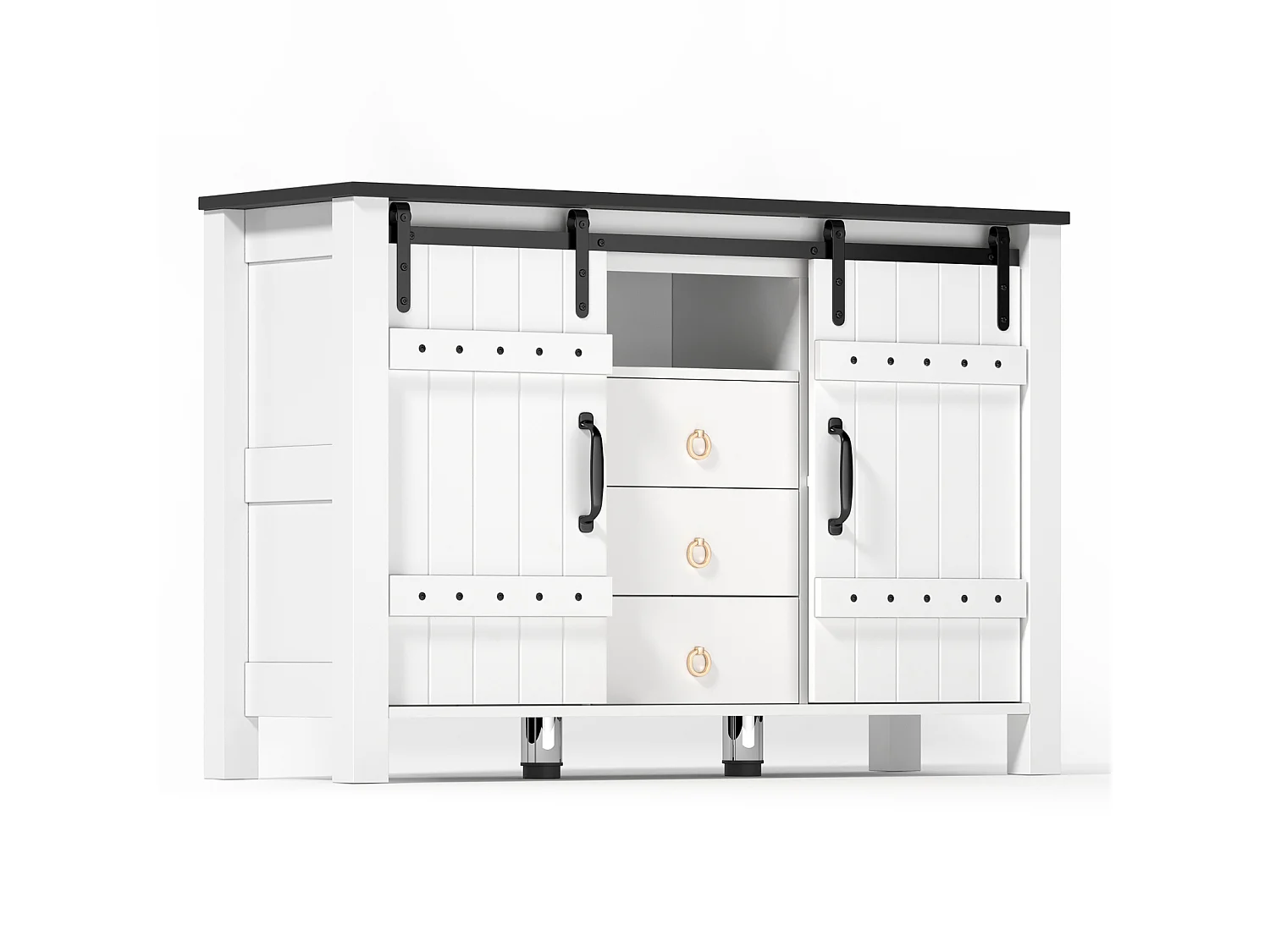 Dressoir met opbergruimte 120 cm - Schuifdeuren en 3 lades, rustieke stijl in hout, wit, ideaal voor keuken, eetkamer en woonkamer