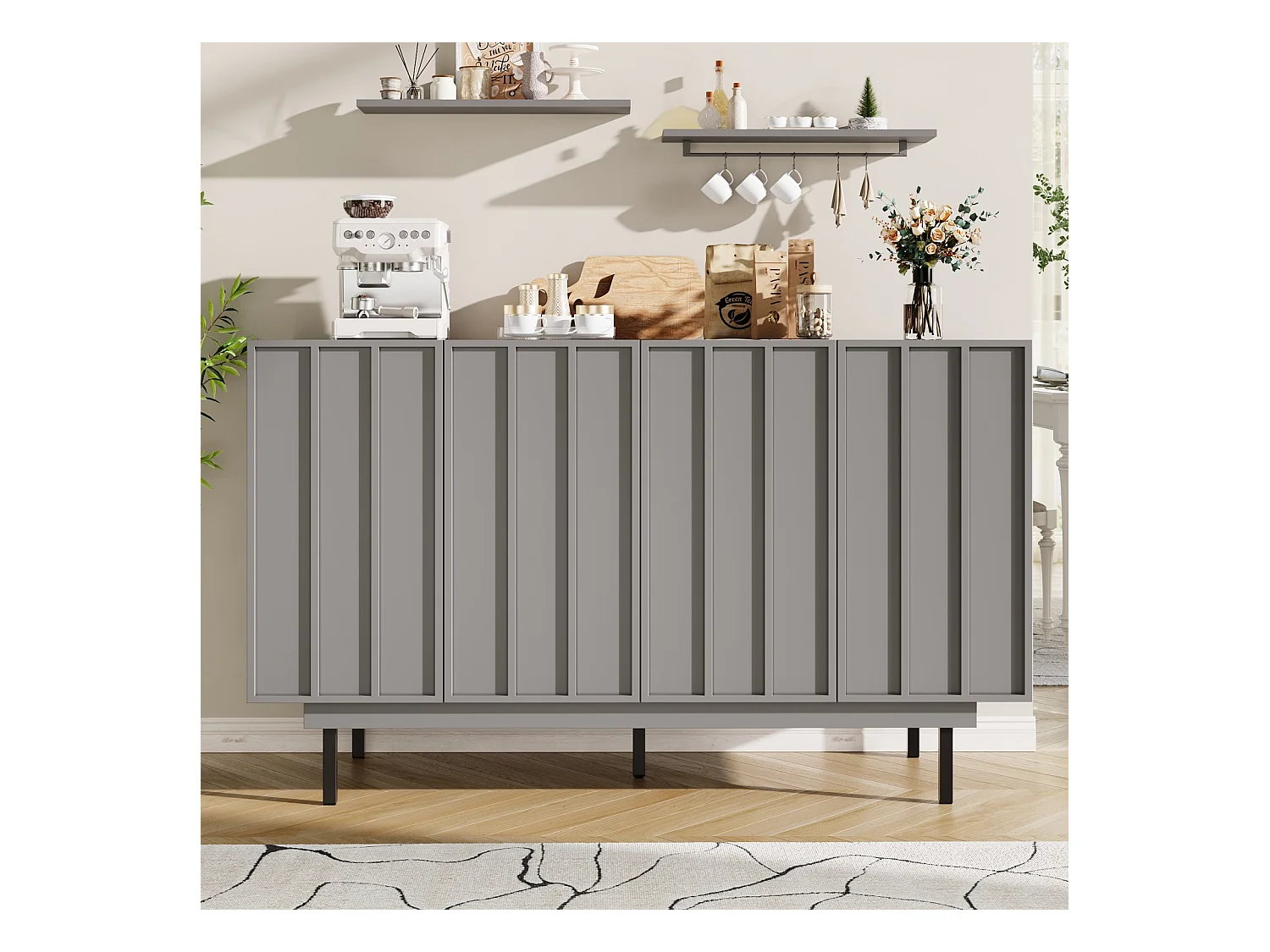 Buffet minimaliste gris 140×38,5×82,5 cm avec design unique et portes élégantes – Meuble autoportant pour salle à manger et salon