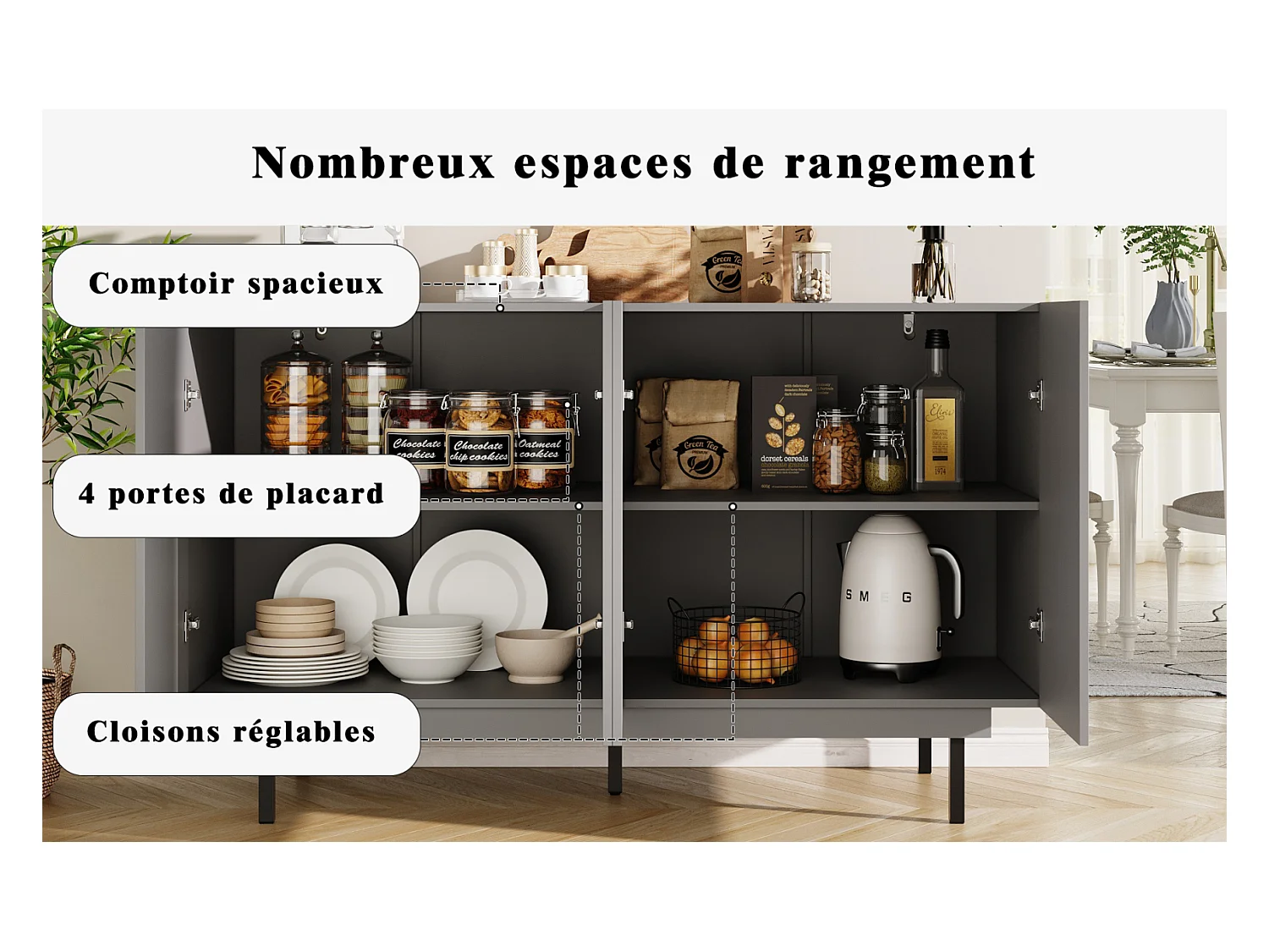 Buffet minimaliste gris 140×38,5×82,5 cm avec design unique et portes élégantes – Meuble autoportant pour salle à manger et salon