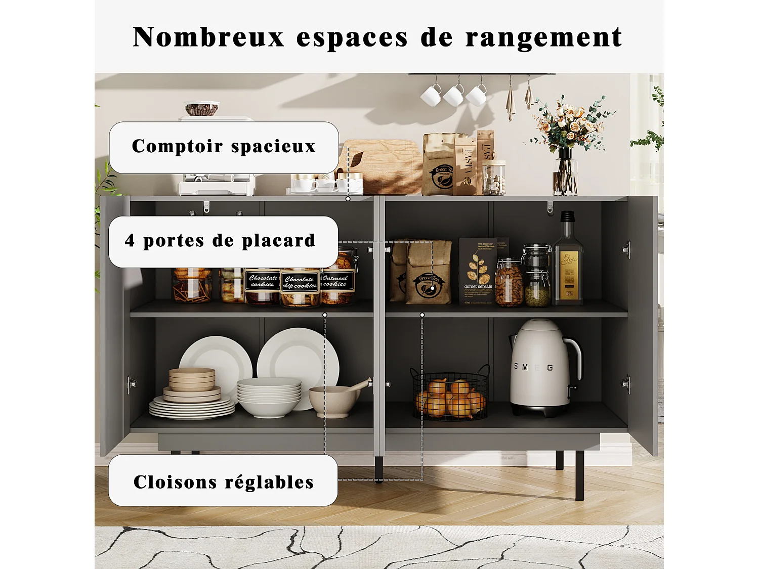 Buffet minimaliste gris 140×38,5×82,5 cm avec design unique et portes élégantes – Meuble autoportant pour salle à manger et salon