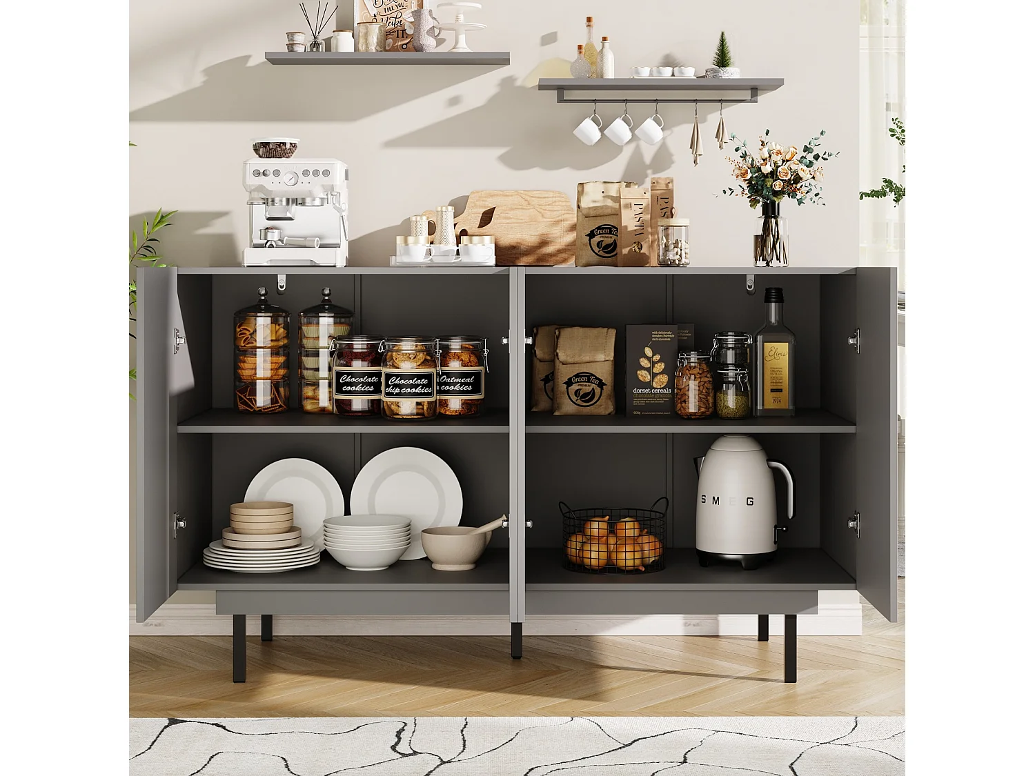 Minimalistisch grijs dressoir 140×38,5×82,5 cm met uniek design en elegante deuren – Vrijstaand meubel voor eetkamer en woonkamer