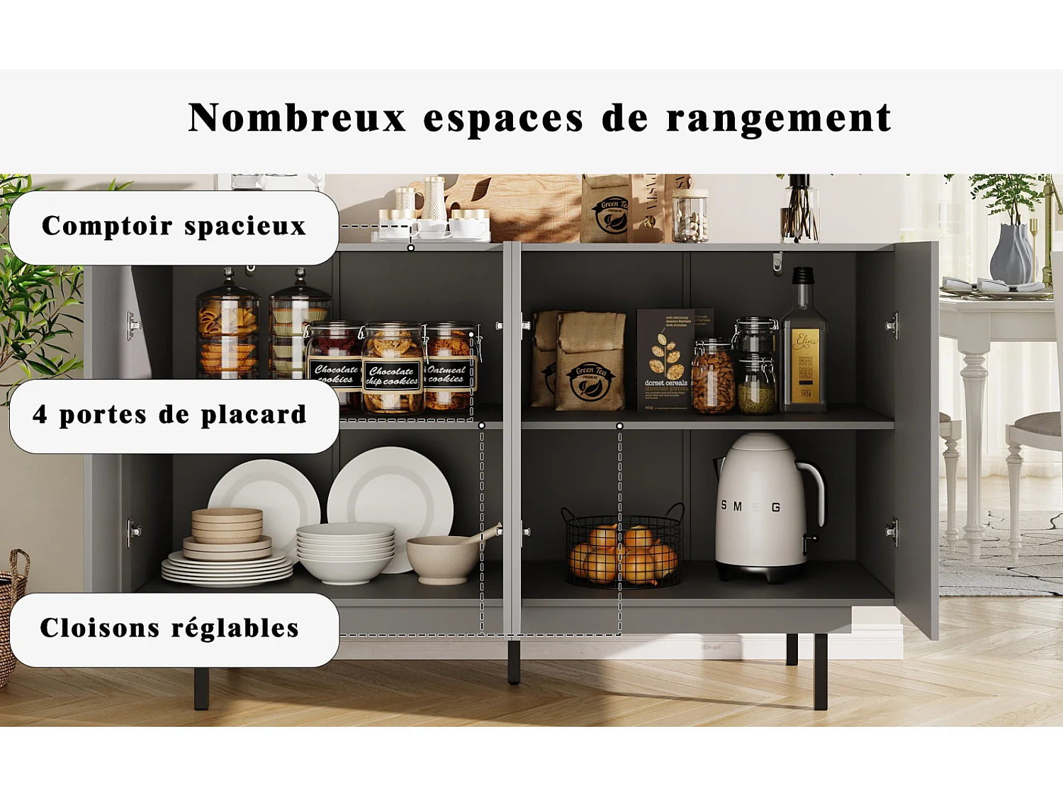 Minimalistisch grijs dressoir 140×38,5×82,5 cm met uniek design en elegante deuren – Vrijstaand meubel voor eetkamer en woonkamer