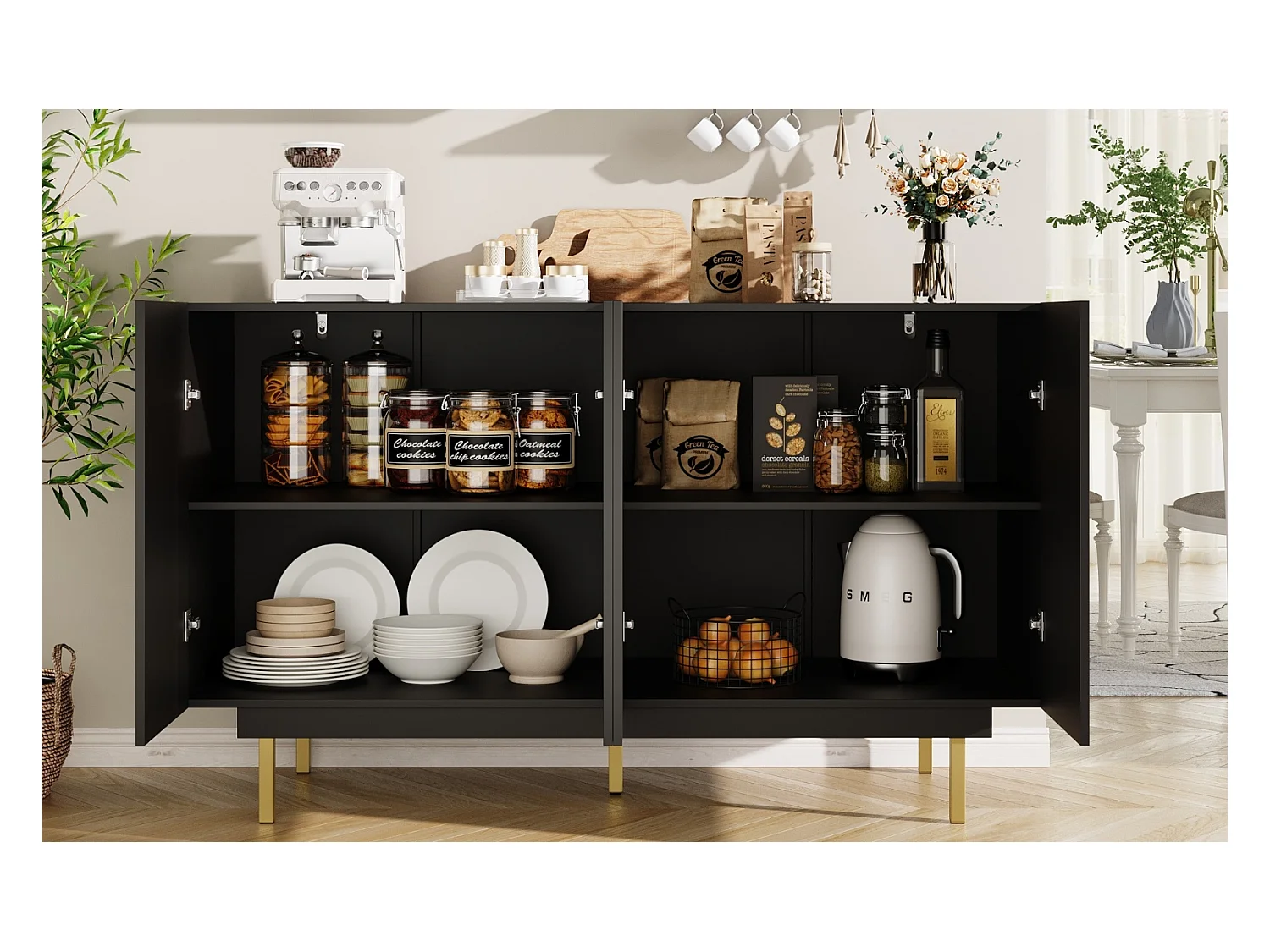 Buffet noir 140×38,5×82,5 cm, meuble de rangement salle à manger et salon avec design unique et élégantes – Meuble autoportant