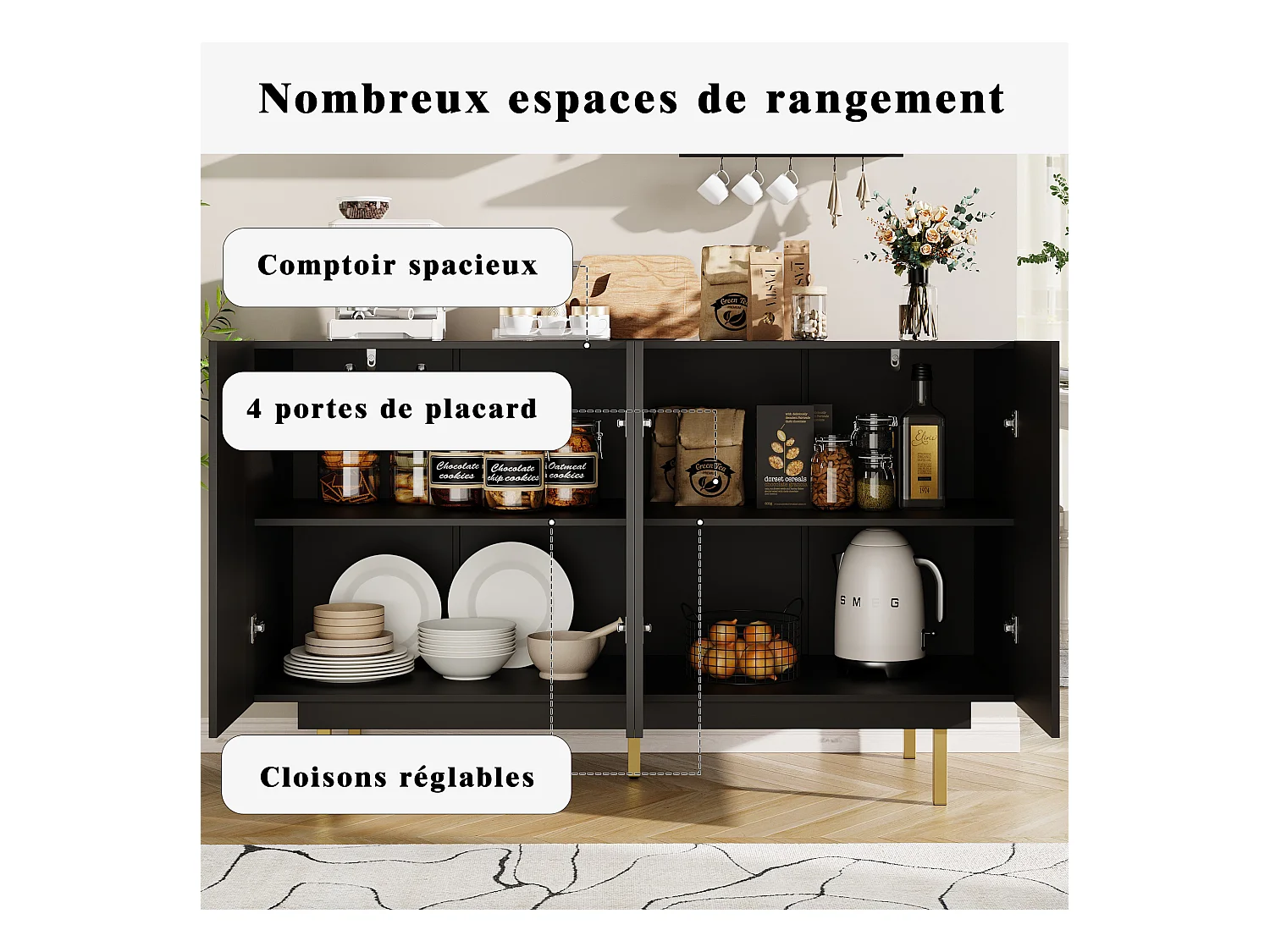 Buffet noir 140×38,5×82,5 cm, meuble de rangement salle à manger et salon avec design unique et élégantes – Meuble autoportant