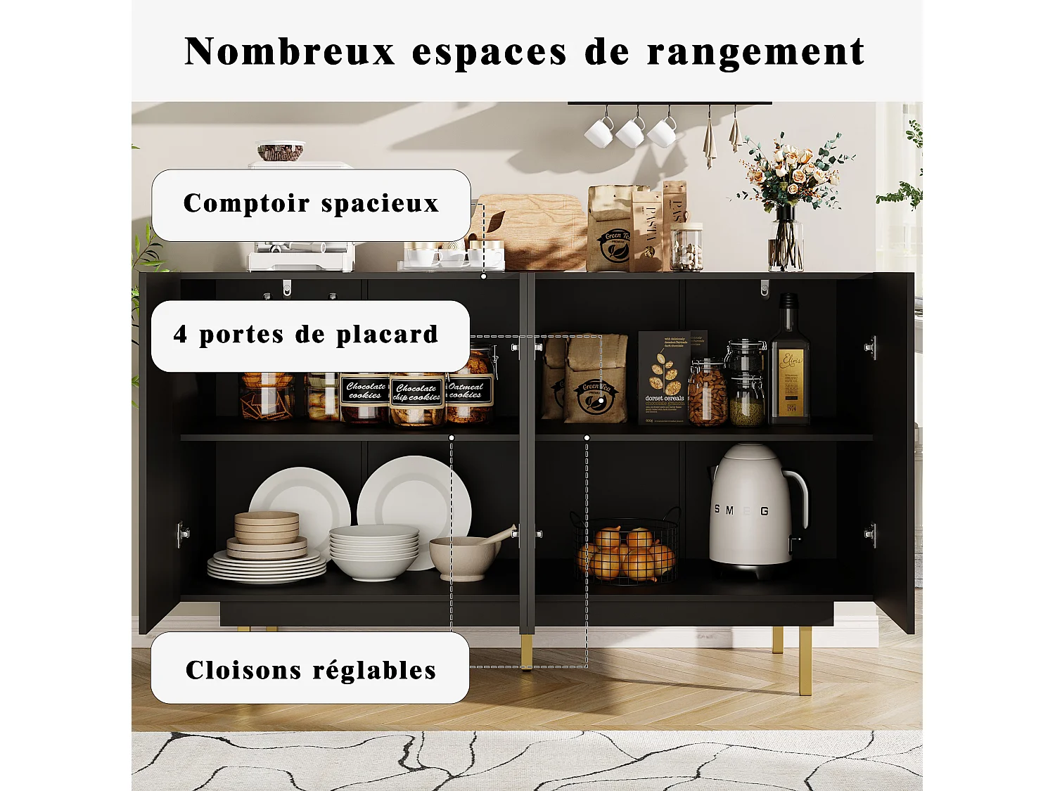 Zwarte dressoir 140×38,5×82,5 cm, eetkamer- en woonkameropbergmeubel met uniek en elegant design – Vrijstaand meubel