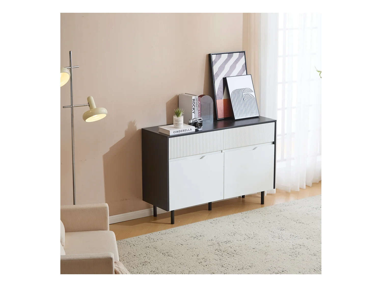 Armoire de rangement avec tiroirs striés, design noir et blanc, étagères réglables, 2 portes pour cuisine, salon ou salle à manger