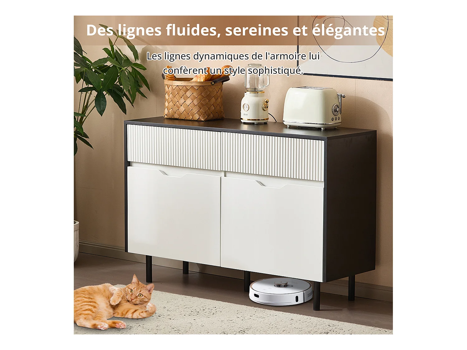 Armoire de rangement avec tiroirs striés, design noir et blanc, étagères réglables, 2 portes pour cuisine, salon ou salle à manger