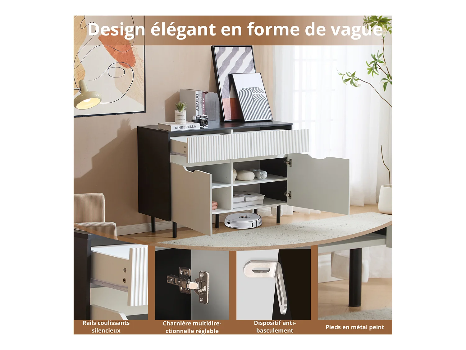 Armoire de rangement avec tiroirs striés, design noir et blanc, étagères réglables, 2 portes pour cuisine, salon ou salle à manger
