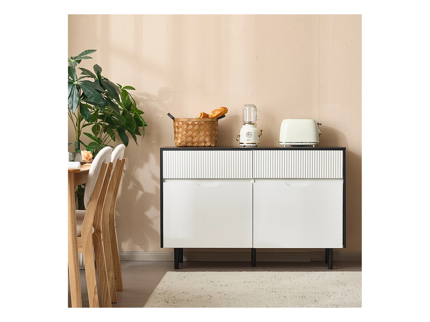 Opbergkast met geribbelde lades, zwart-wit design, verstelbare planken, 2 deuren voor keuken, woonkamer of eetkamer