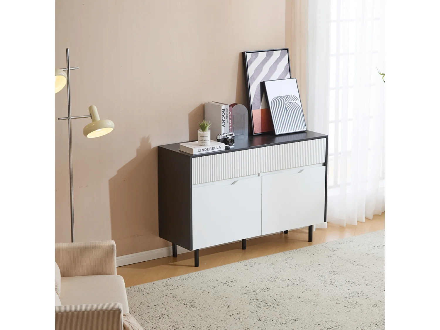 Opbergkast met geribbelde lades, zwart-wit design, verstelbare planken, 2 deuren voor keuken, woonkamer of eetkamer