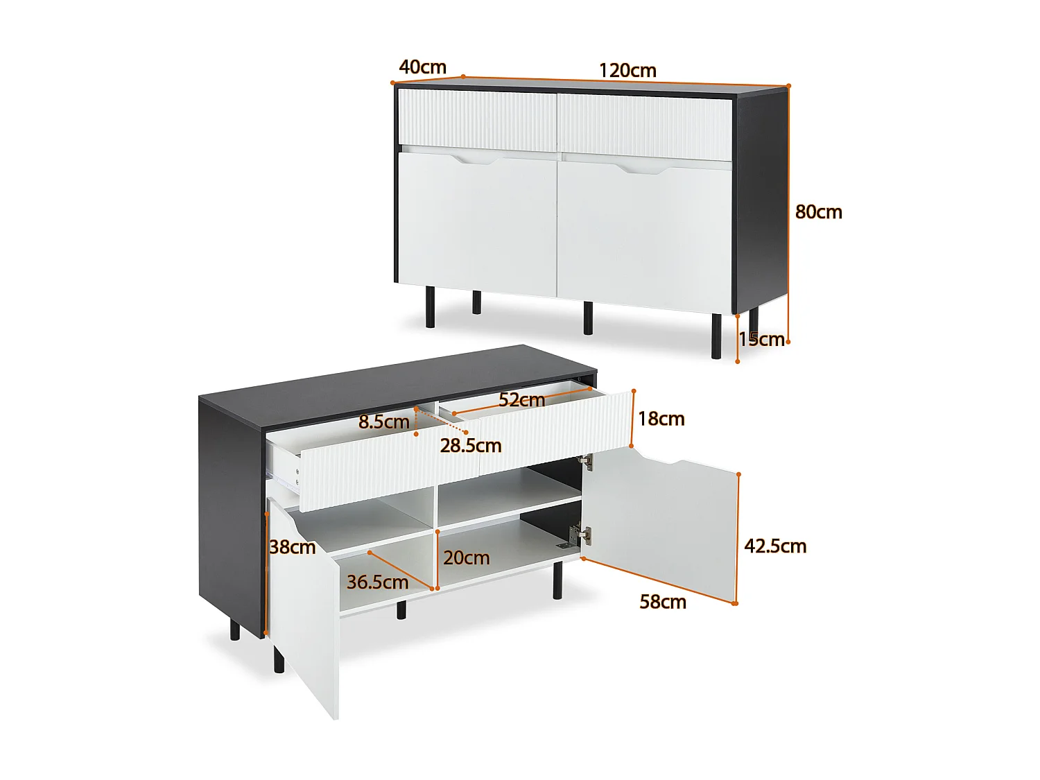 Opbergkast met geribbelde lades, zwart-wit design, verstelbare planken, 2 deuren voor keuken, woonkamer of eetkamer