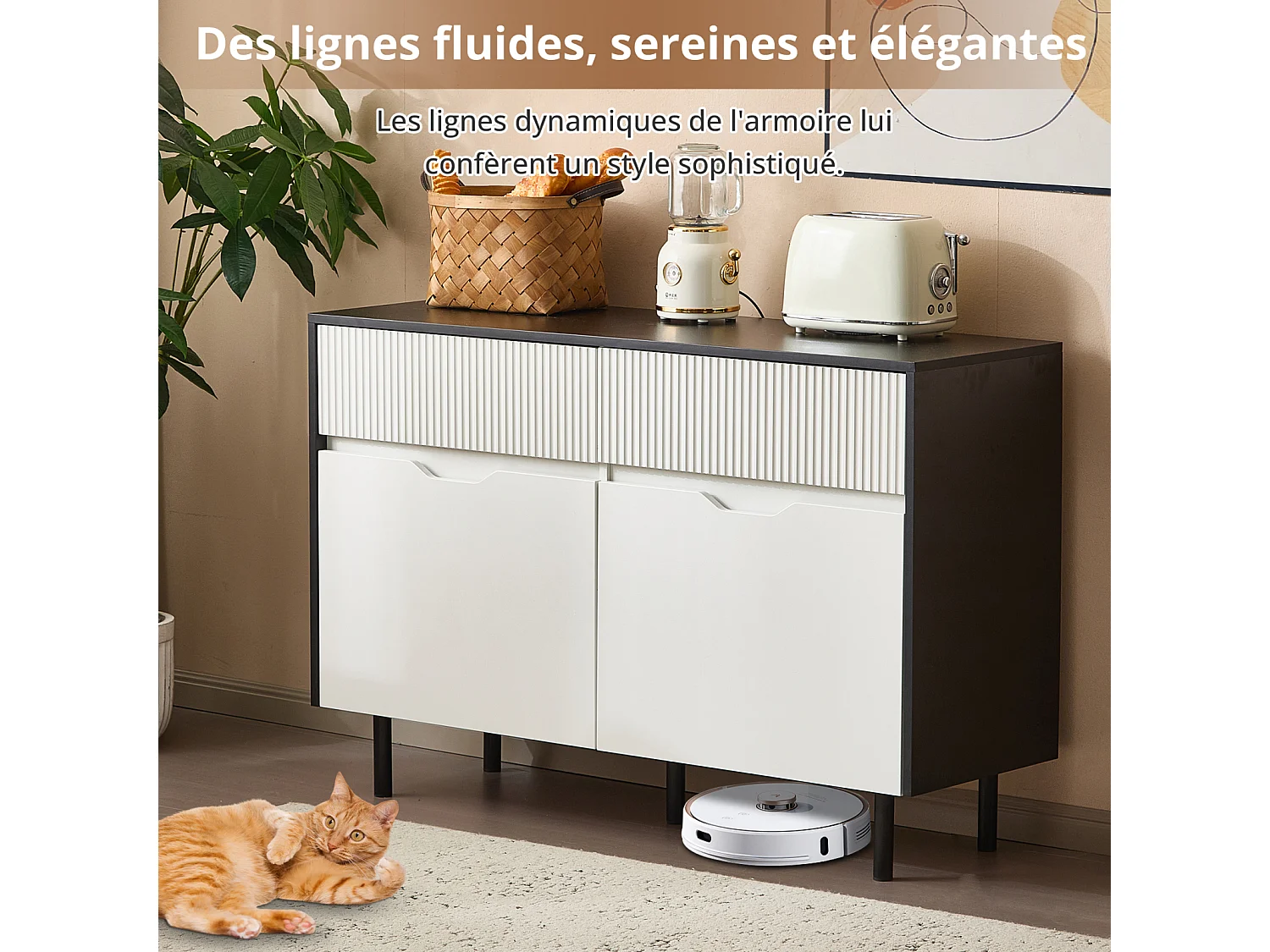 Opbergkast met geribbelde lades, zwart-wit design, verstelbare planken, 2 deuren voor keuken, woonkamer of eetkamer