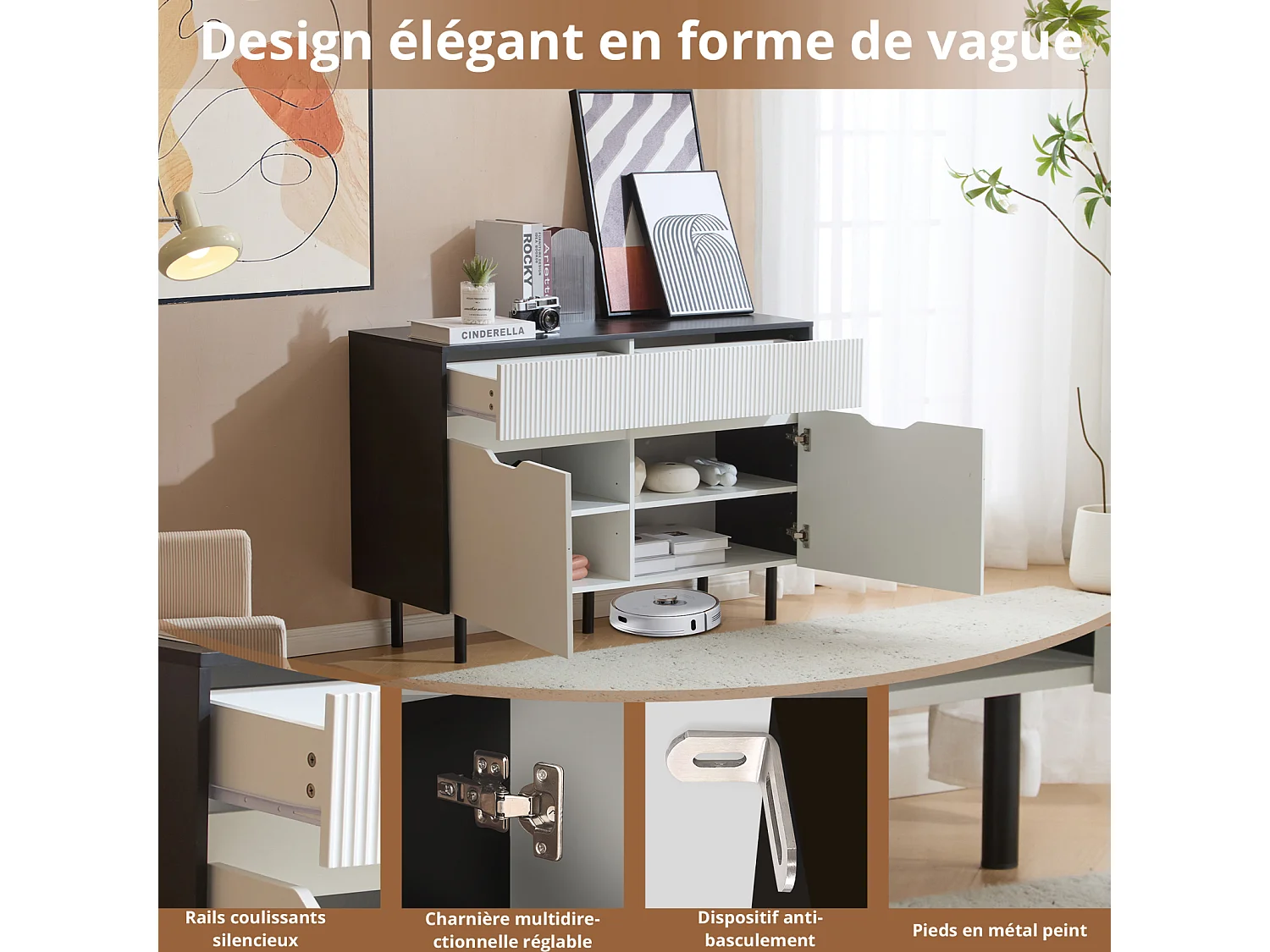 Opbergkast met geribbelde lades, zwart-wit design, verstelbare planken, 2 deuren voor keuken, woonkamer of eetkamer