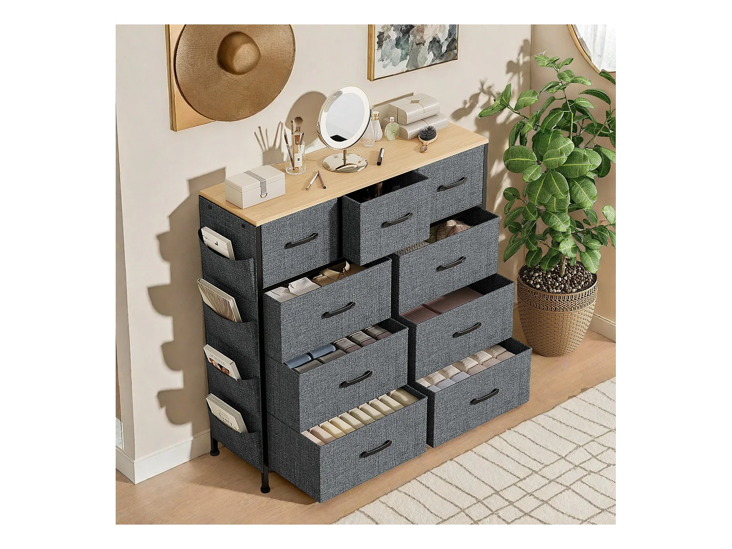 Commode textile 9 tiroirs en tissu non tissé 80 g, rangement pratique et léger pour chambre, salon ou bureau, design moderne