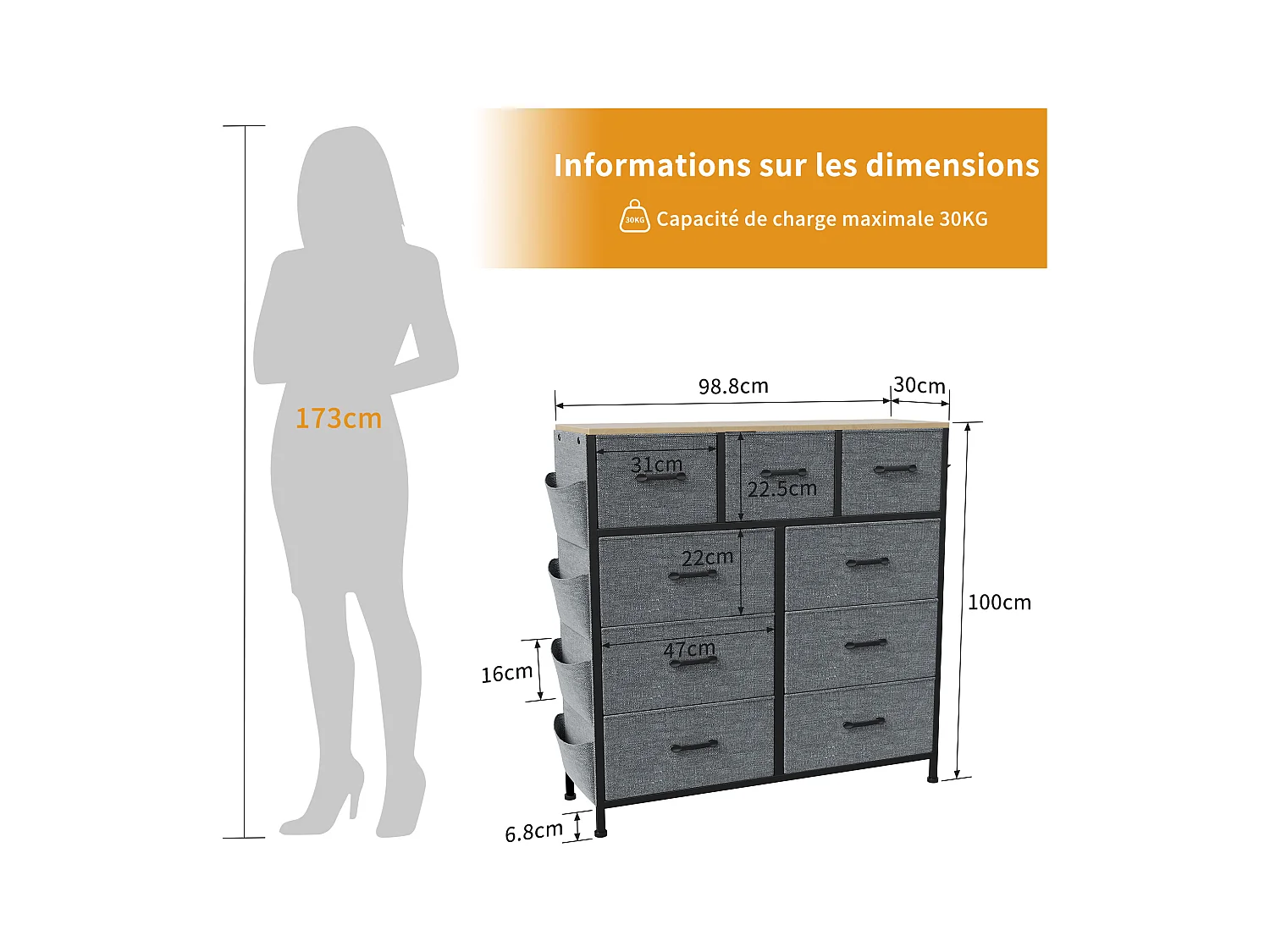 Commode textile 9 tiroirs en tissu non tissé 80 g, rangement pratique et léger pour chambre, salon ou bureau, design moderne