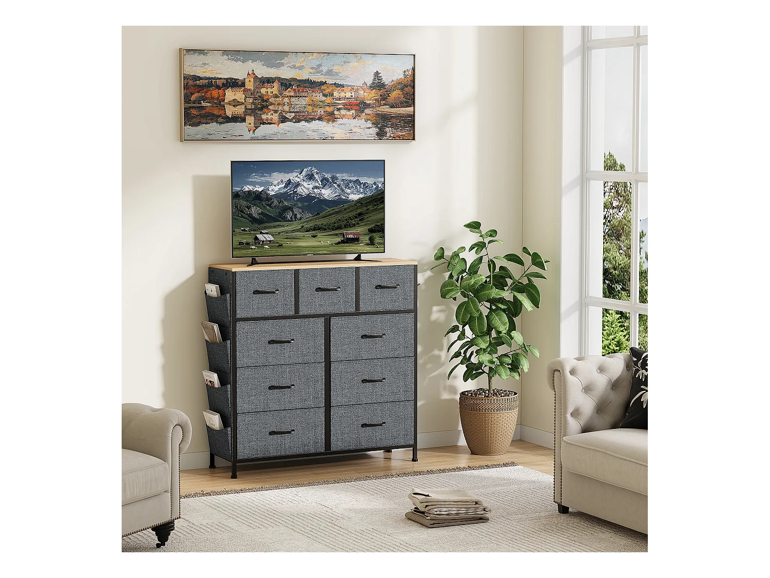 Commode textile 9 tiroirs en tissu non tissé 80 g, rangement pratique et léger pour chambre, salon ou bureau, design moderne