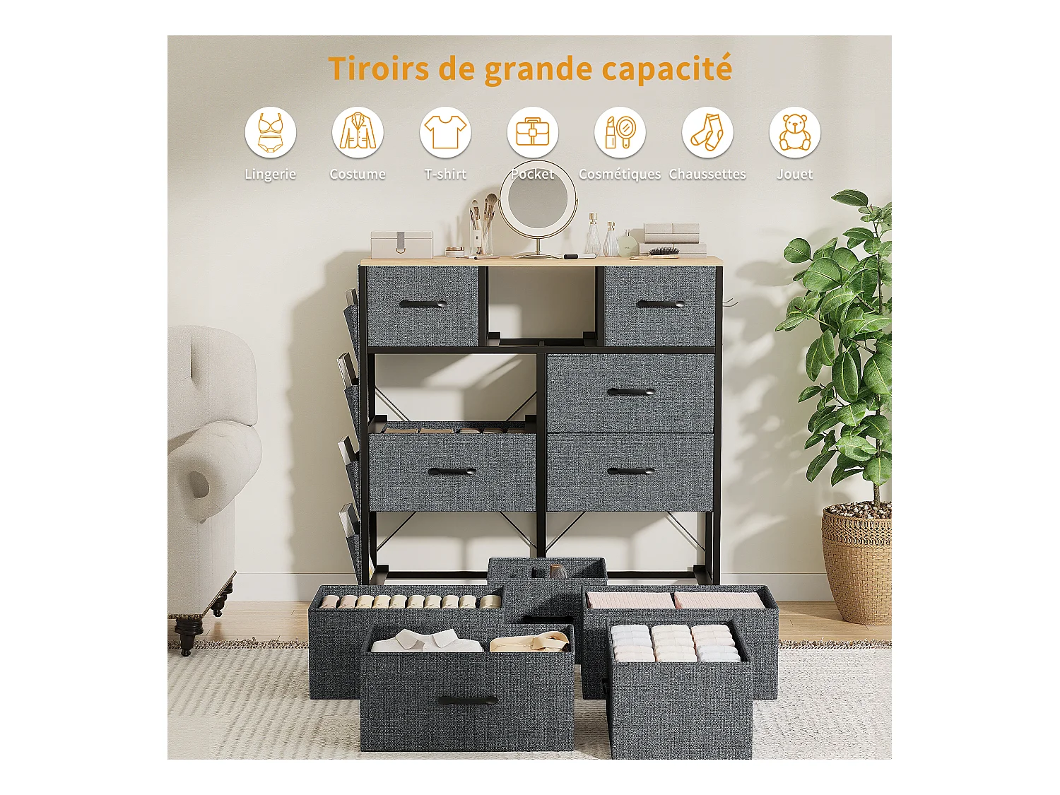 Commode textile 9 tiroirs en tissu non tissé 80 g, rangement pratique et léger pour chambre, salon ou bureau, design moderne