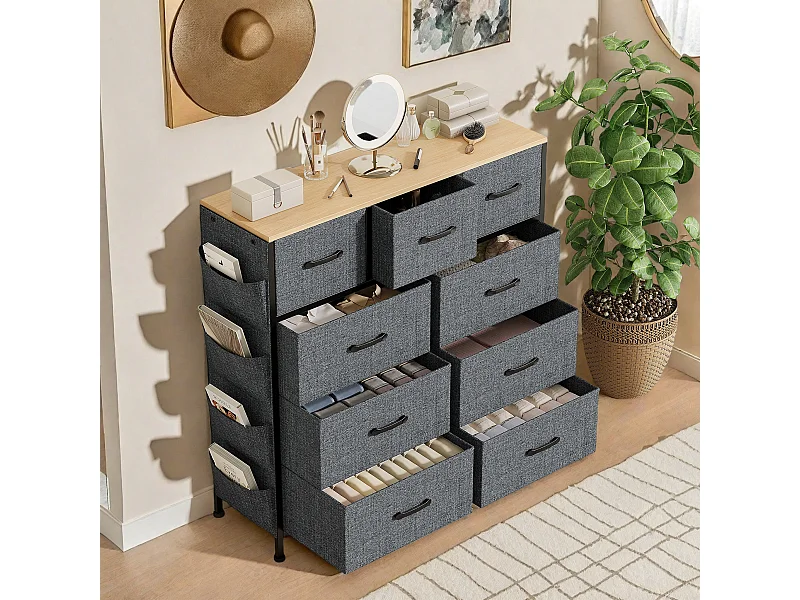 Commode textile 9 tiroirs en tissu non tissé 80 g, rangement pratique et léger pour chambre, salon ou bureau, design moderne