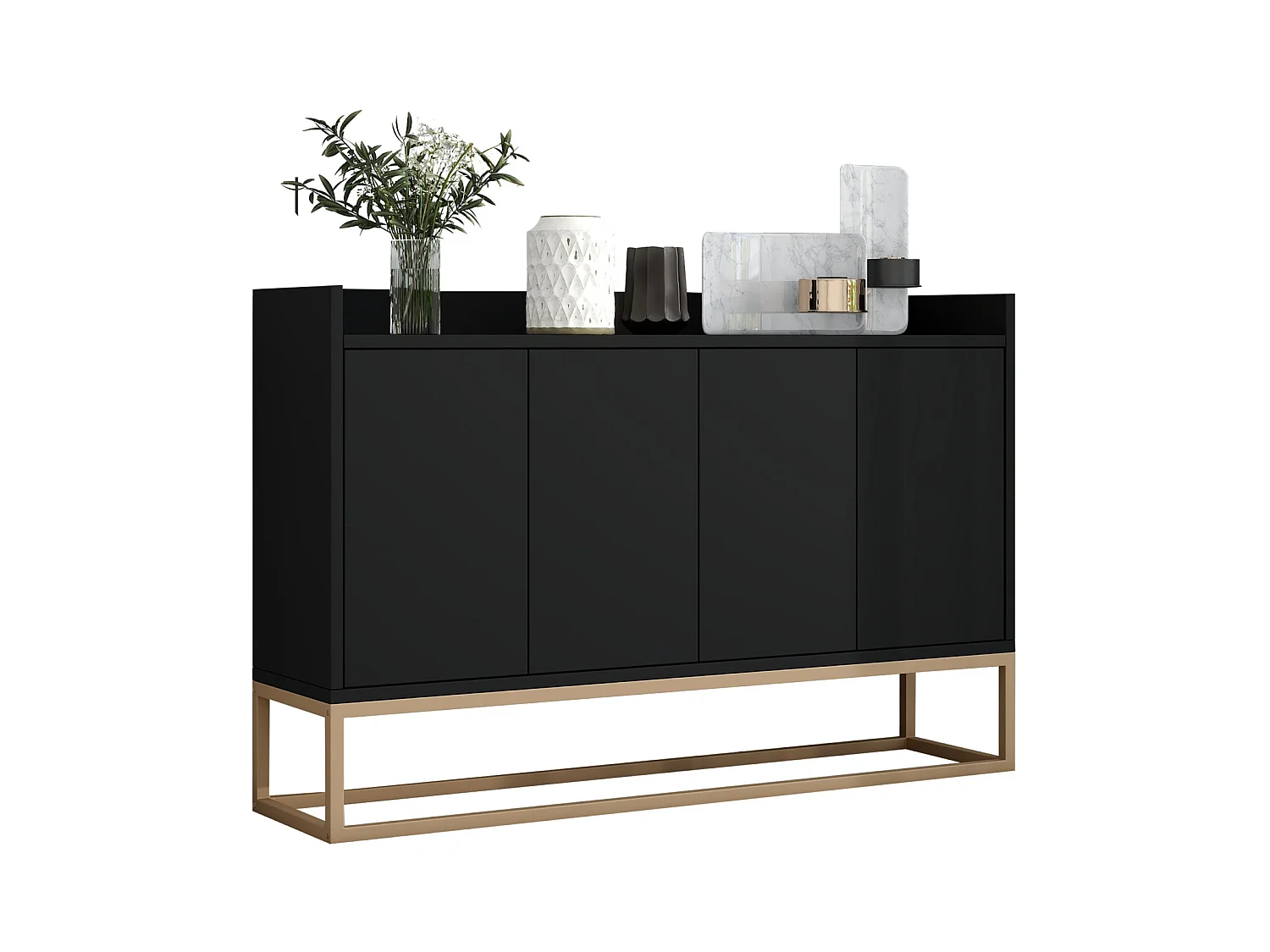 Buffet moderne 4 portes sans poignées – Design minimaliste noir, élégant et pratique pour salle à manger, salon et cuisine