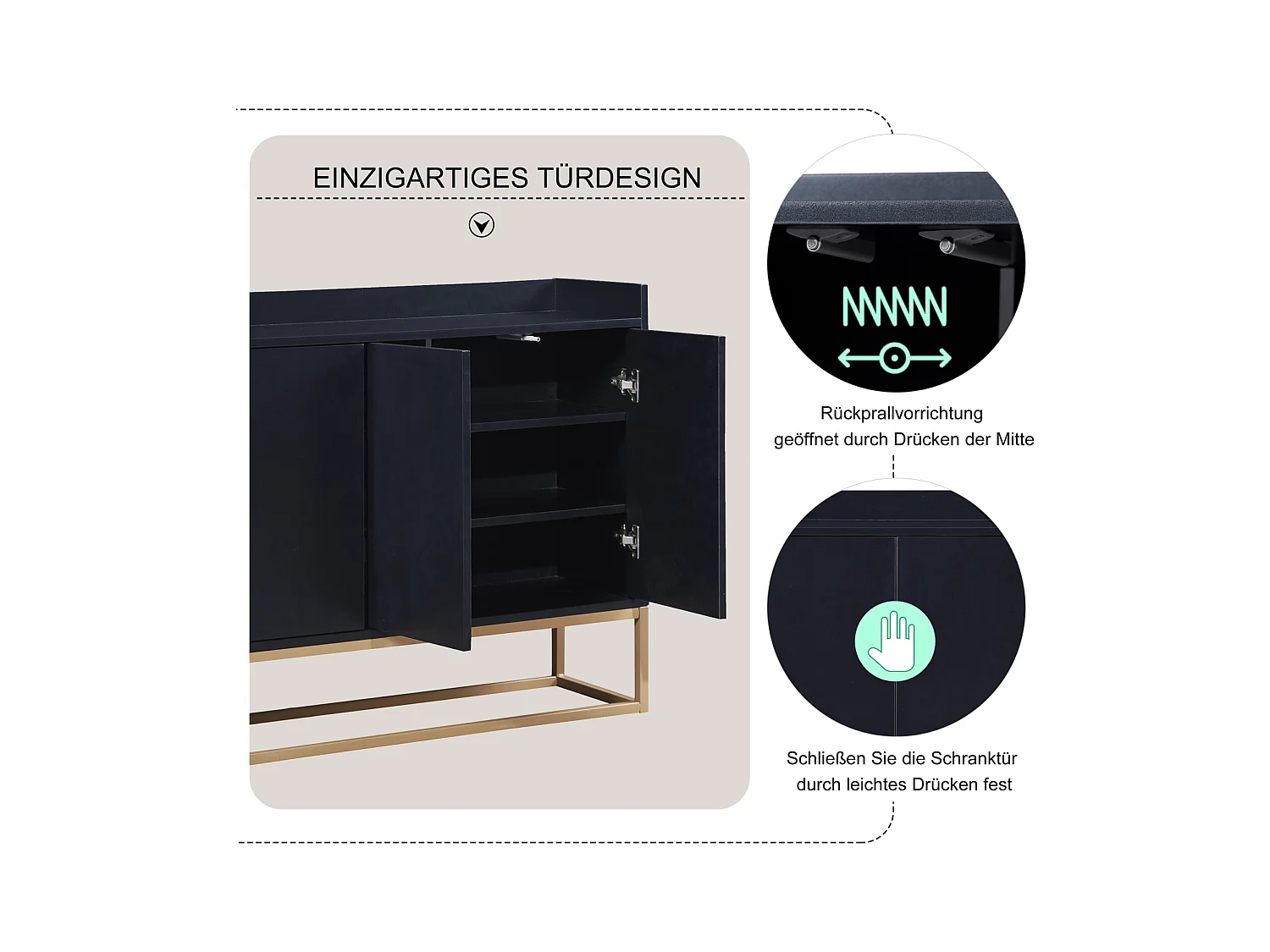 Buffet moderne 4 portes sans poignées – Design minimaliste noir, élégant et pratique pour salle à manger, salon et cuisine