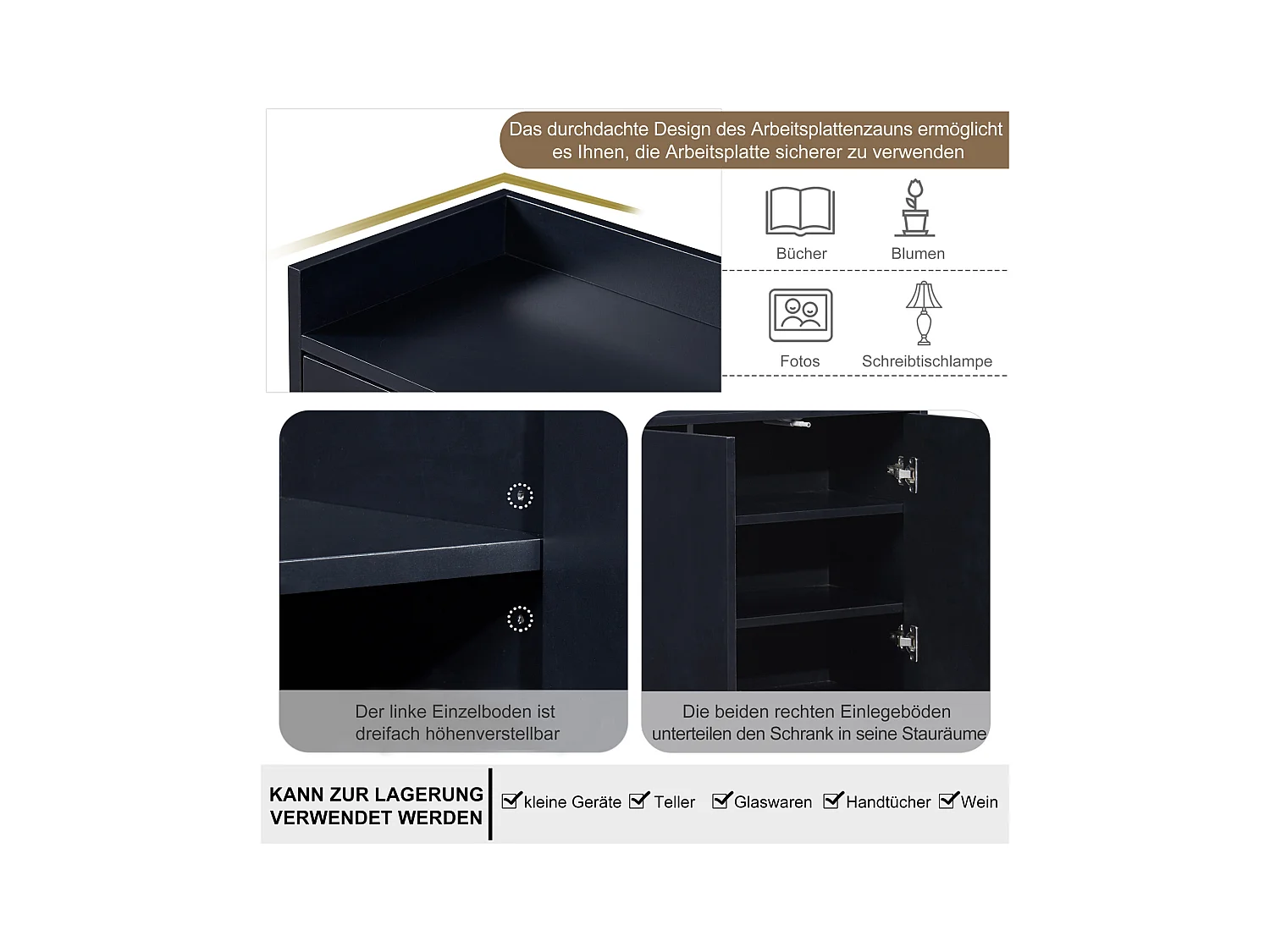 Buffet moderne 4 portes sans poignées – Design minimaliste noir, élégant et pratique pour salle à manger, salon et cuisine