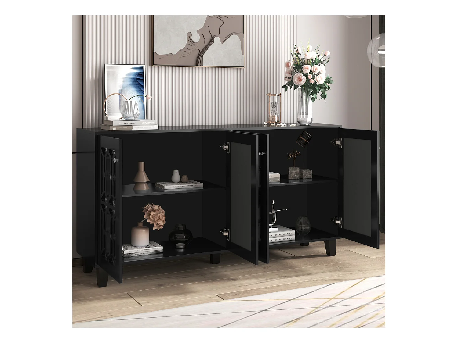 Buffet noir miroir 4 portes avec poignées en cristal et étagères amovibles – 160 x 40 x 84 cm, élégant et pratique pour salon et salle à manger