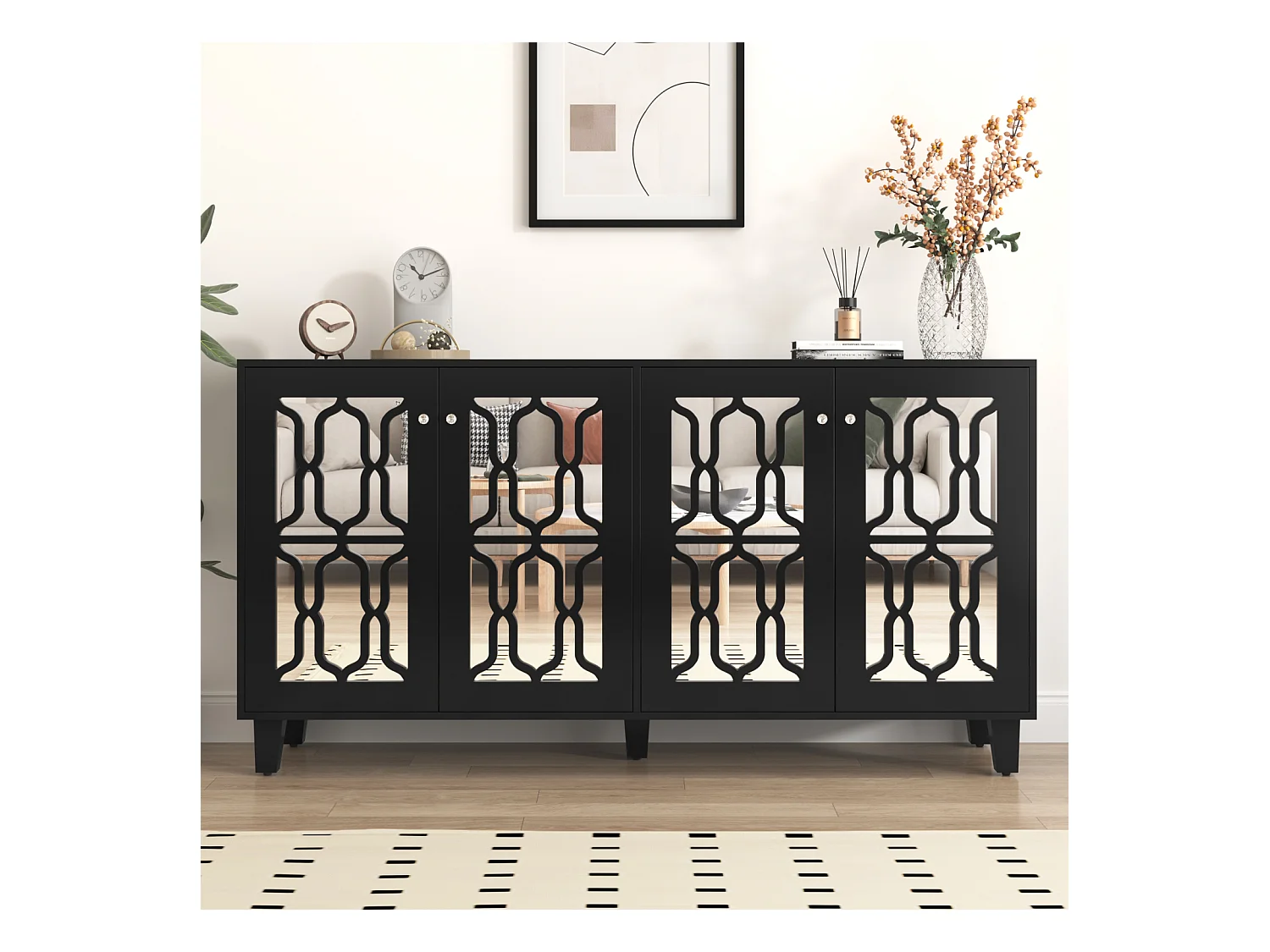 Buffet noir miroir 4 portes avec poignées en cristal et étagères amovibles – 160 x 40 x 84 cm, élégant et pratique pour salon et salle à manger