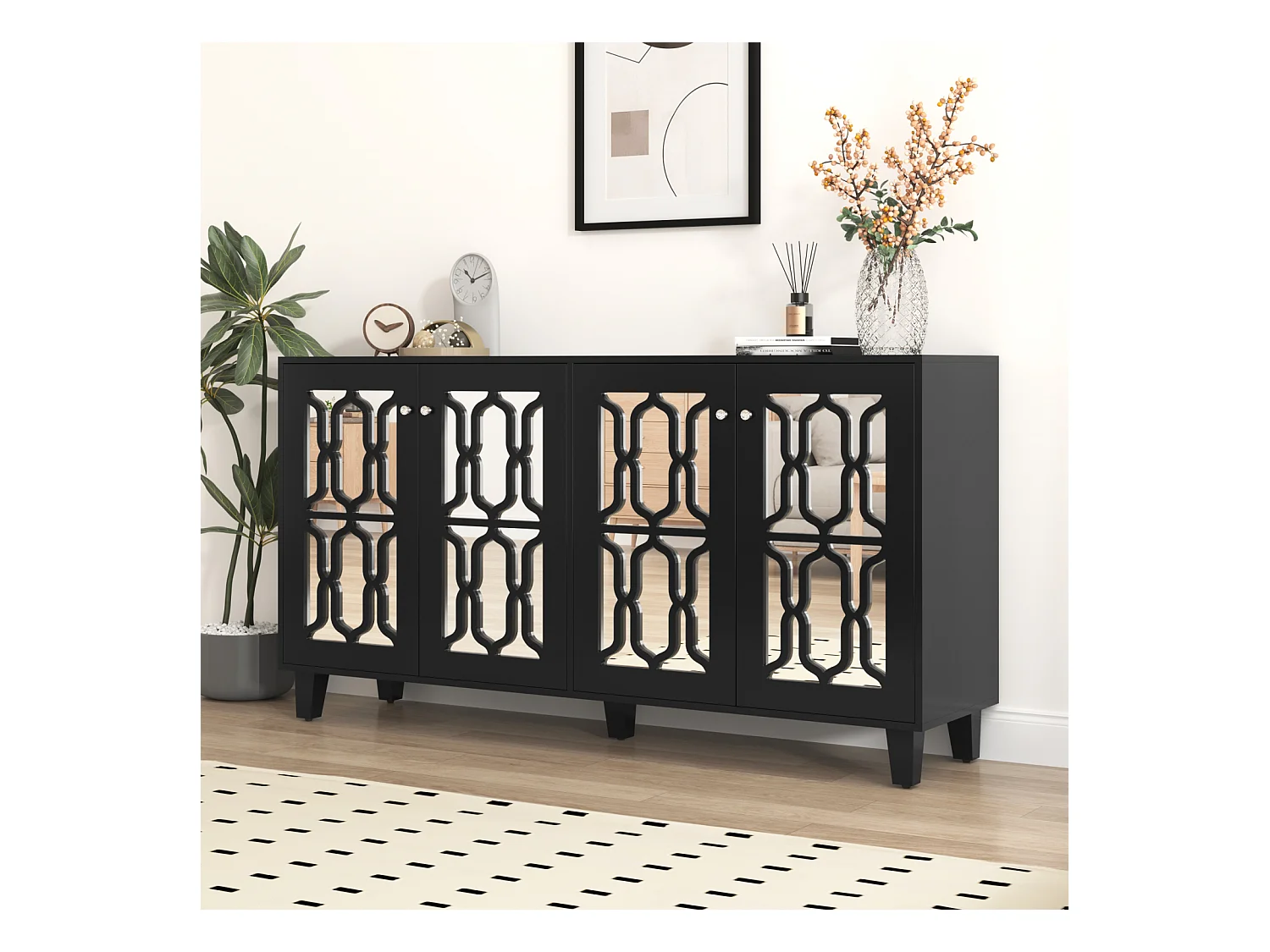 Buffet noir miroir 4 portes avec poignées en cristal et étagères amovibles – 160 x 40 x 84 cm, élégant et pratique pour salon et salle à manger