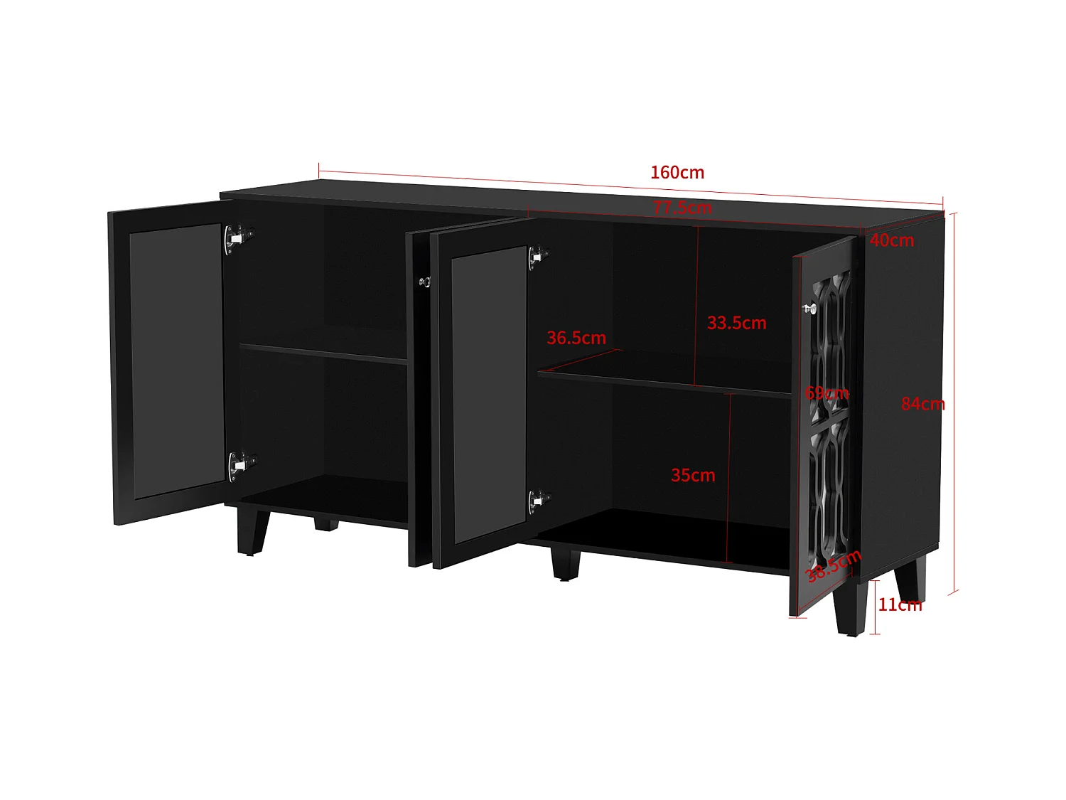 Buffet noir miroir 4 portes avec poignées en cristal et étagères amovibles – 160 x 40 x 84 cm, élégant et pratique pour salon et salle à manger