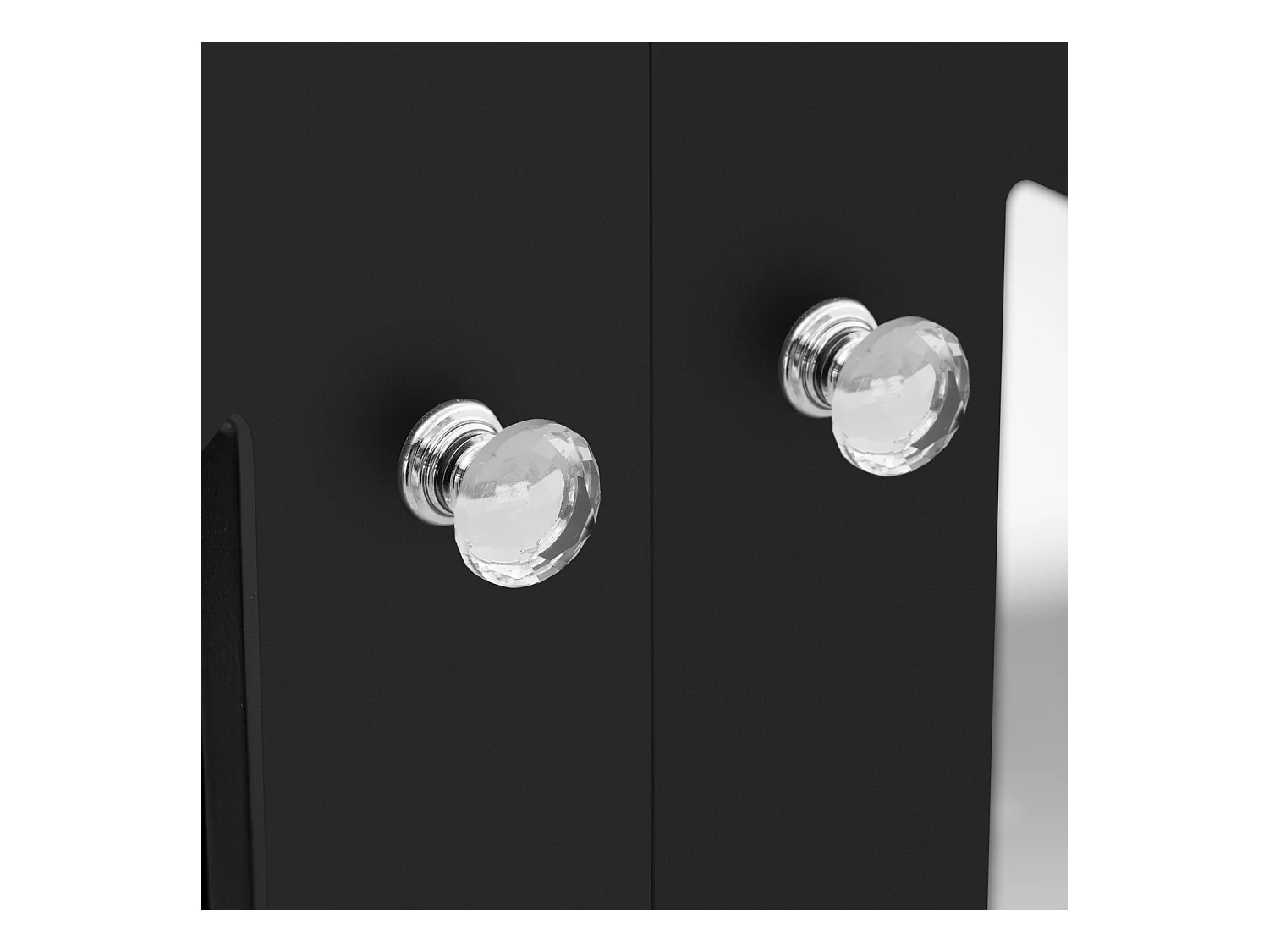 Buffet noir miroir 4 portes avec poignées en cristal et étagères amovibles – 160 x 40 x 84 cm, élégant et pratique pour salon et salle à manger