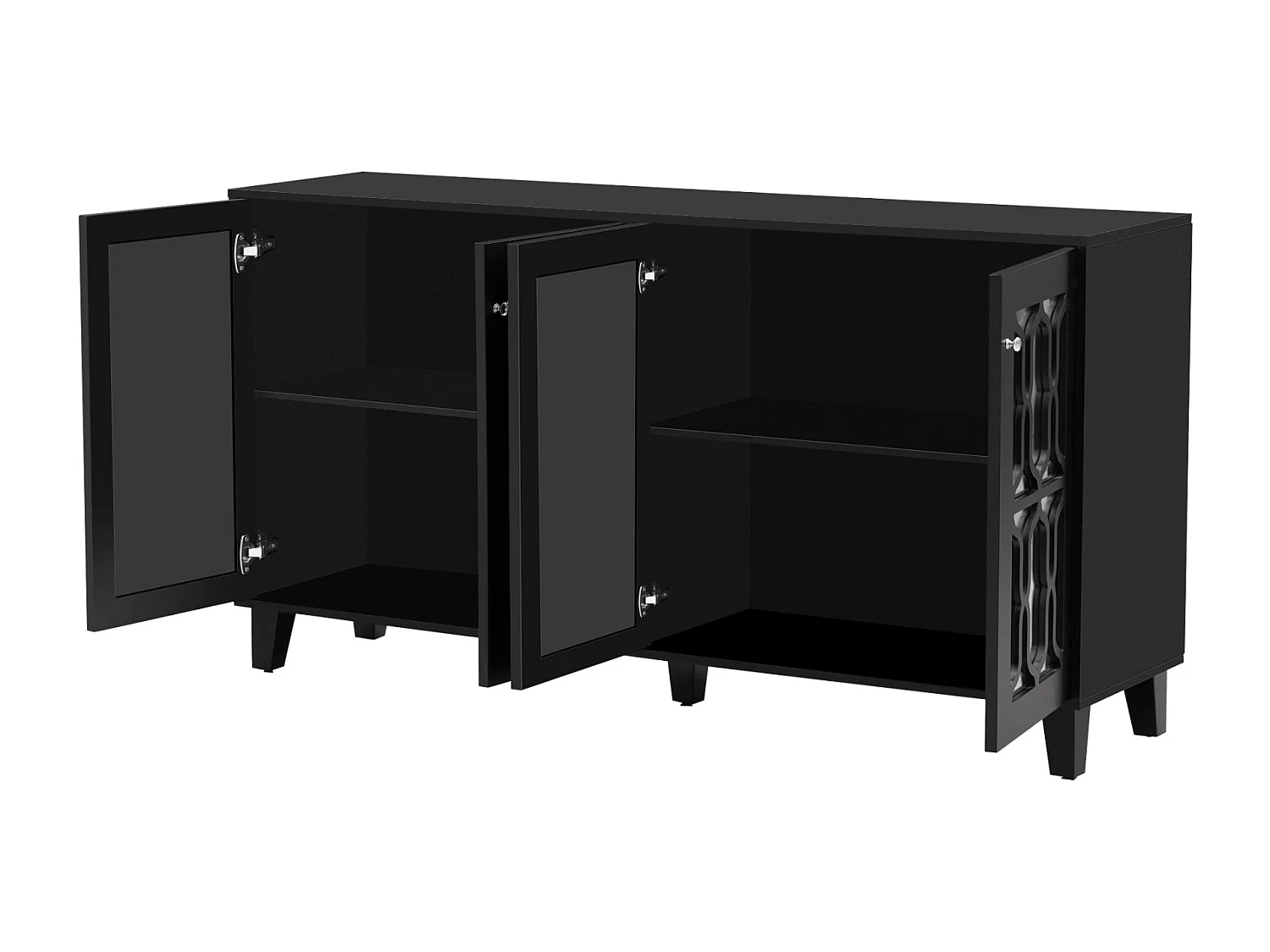 Buffet noir miroir 4 portes avec poignées en cristal et étagères amovibles – 160 x 40 x 84 cm, élégant et pratique pour salon et salle à manger