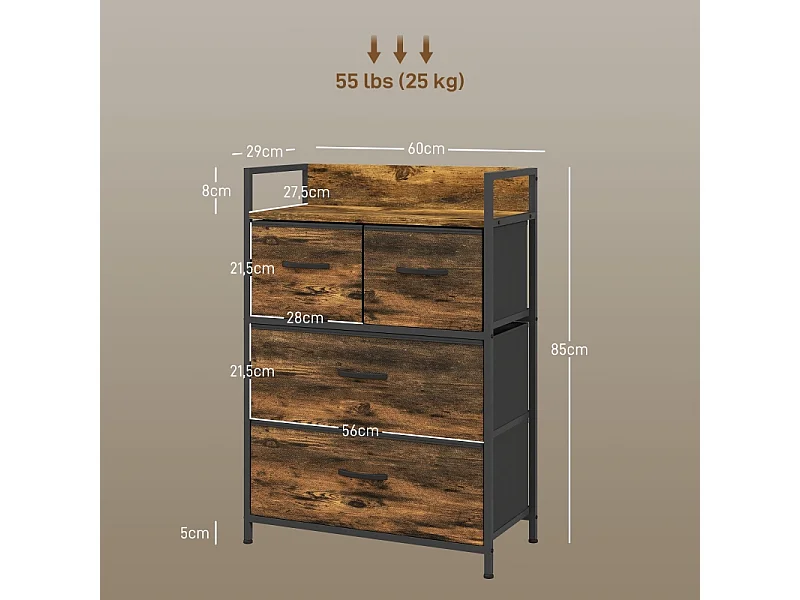 Commode Élégant 60 x 29 x 85 cm – 4 tiroirs en tissu – Buffet au design moderne en marron et noir