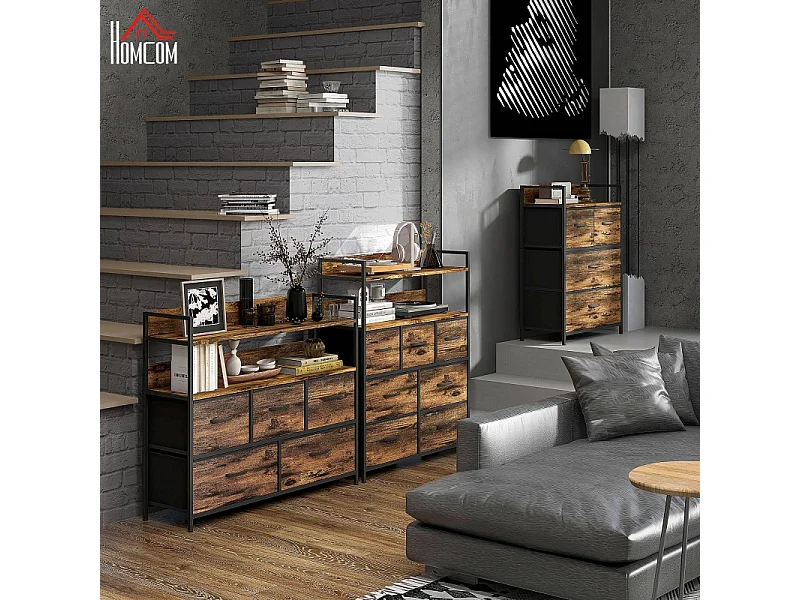 Commode Élégant 60 x 29 x 85 cm – 4 tiroirs en tissu – Buffet au design moderne en marron et noir