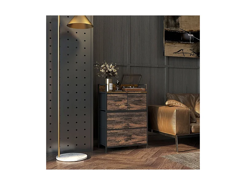 Elegante ladekast 60 x 29 x 85 cm – 4 stoffen lades – Modern design dressoir in bruin en zwart