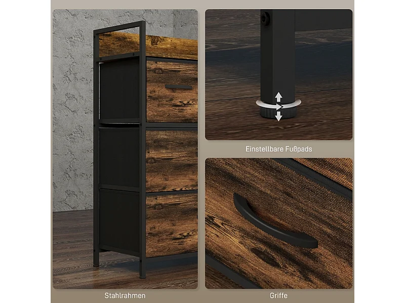 Elegante ladekast 60 x 29 x 85 cm – 4 stoffen lades – Modern design dressoir in bruin en zwart