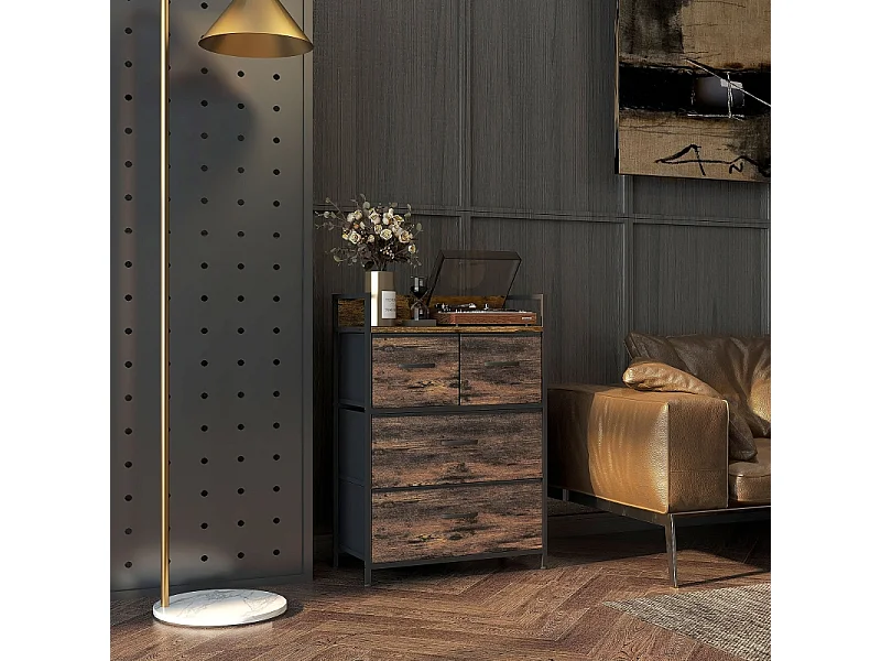 Elegante ladekast 60 x 29 x 85 cm – 4 stoffen lades – Modern design dressoir in bruin en zwart