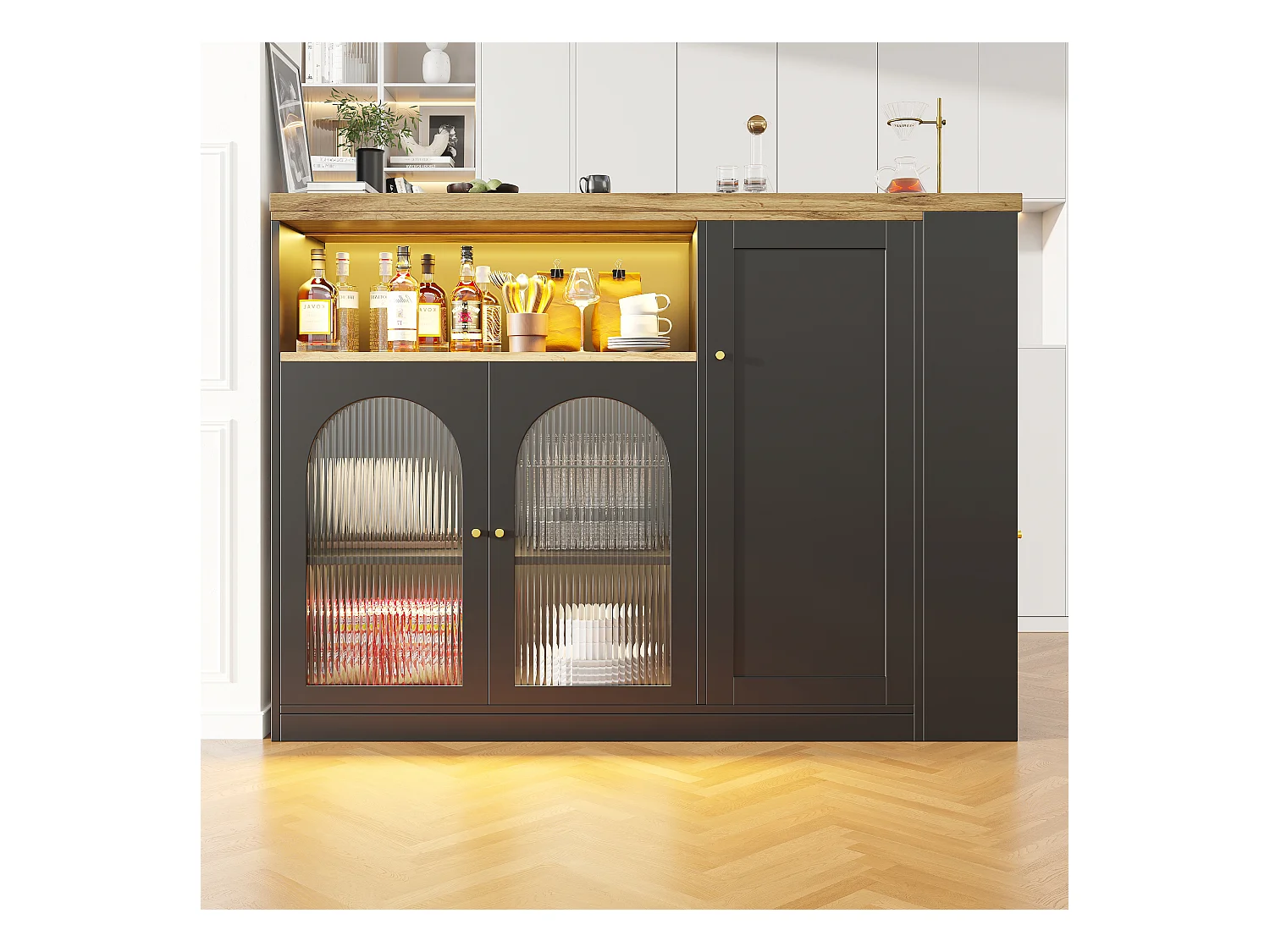 Buffet bar pivotant à 360°, corps noir mat avec plateau effet bois, porte vitrée et éclairage LED, Sideboard, meuble bar et coin café élégant
