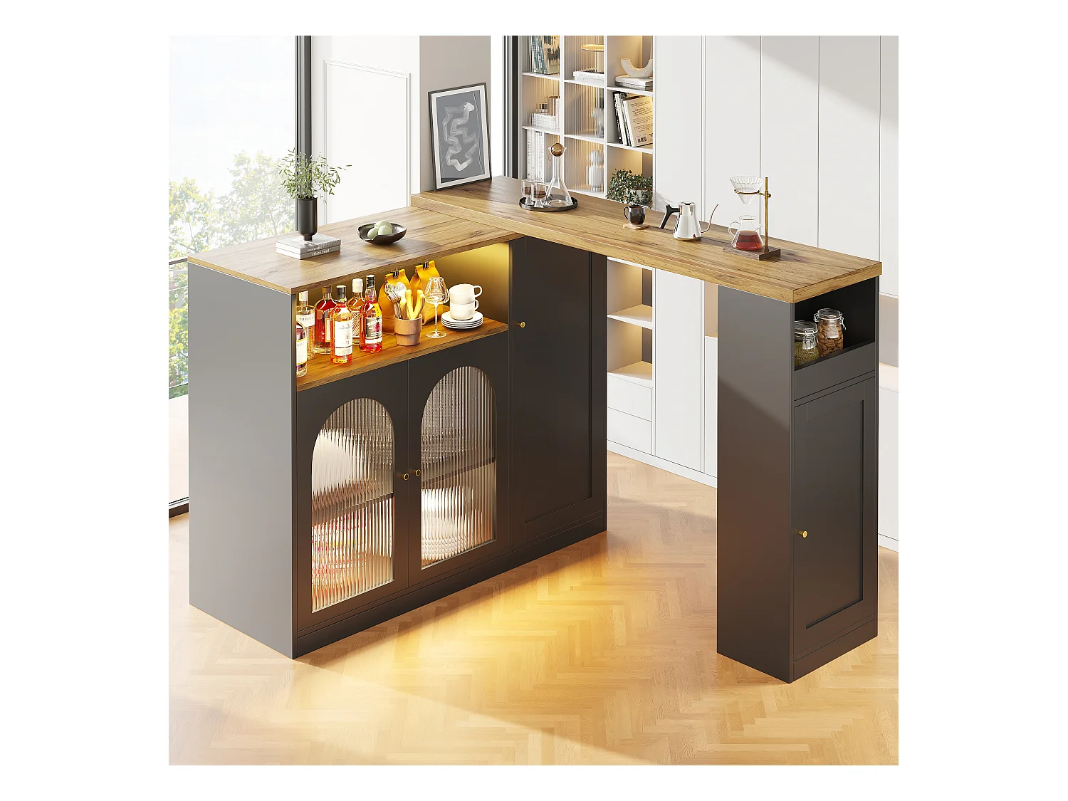 Buffet bar pivotant à 360°, corps noir mat avec plateau effet bois, porte vitrée et éclairage LED, Sideboard, meuble bar et coin café élégant