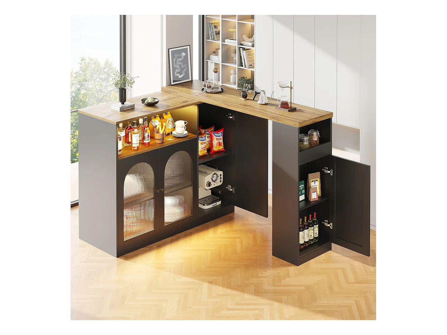 Buffet bar pivotant à 360°, corps noir mat avec plateau effet bois, porte vitrée et éclairage LED, Sideboard, meuble bar et coin café élégant