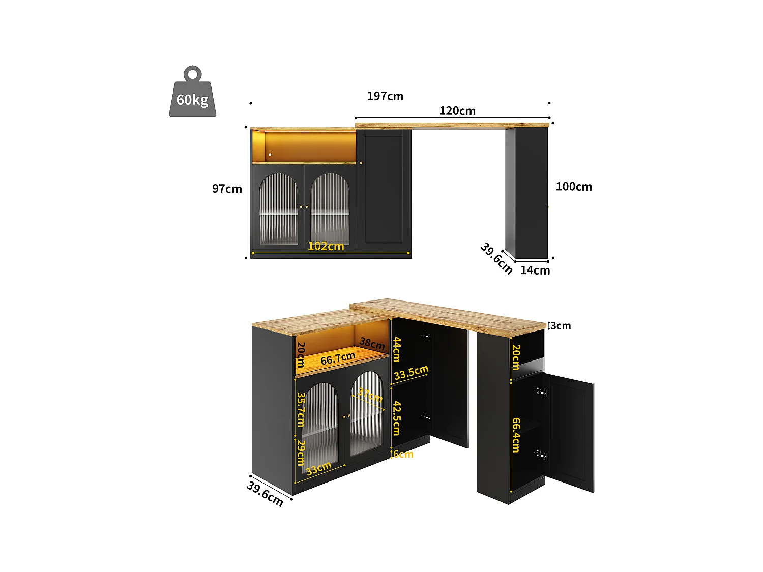 Buffet bar pivotant à 360°, corps noir mat avec plateau effet bois, porte vitrée et éclairage LED, Sideboard, meuble bar et coin café élégant