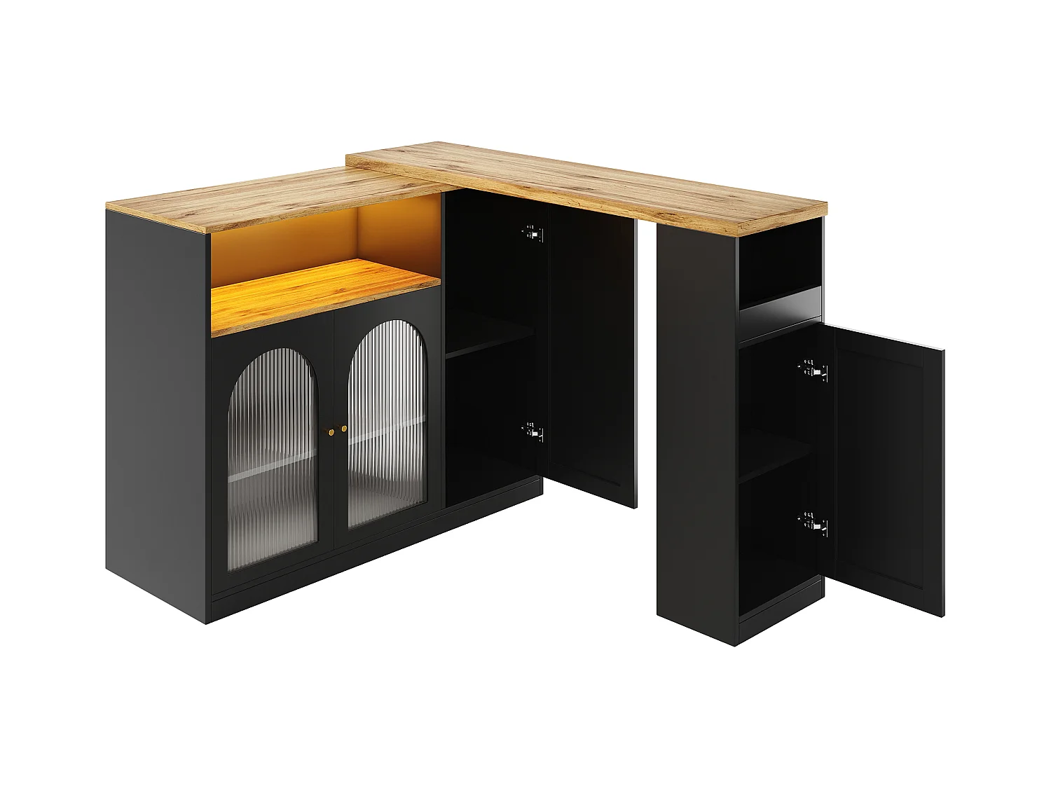 Buffet bar pivotant à 360°, corps noir mat avec plateau effet bois, porte vitrée et éclairage LED, Sideboard, meuble bar et coin café élégant