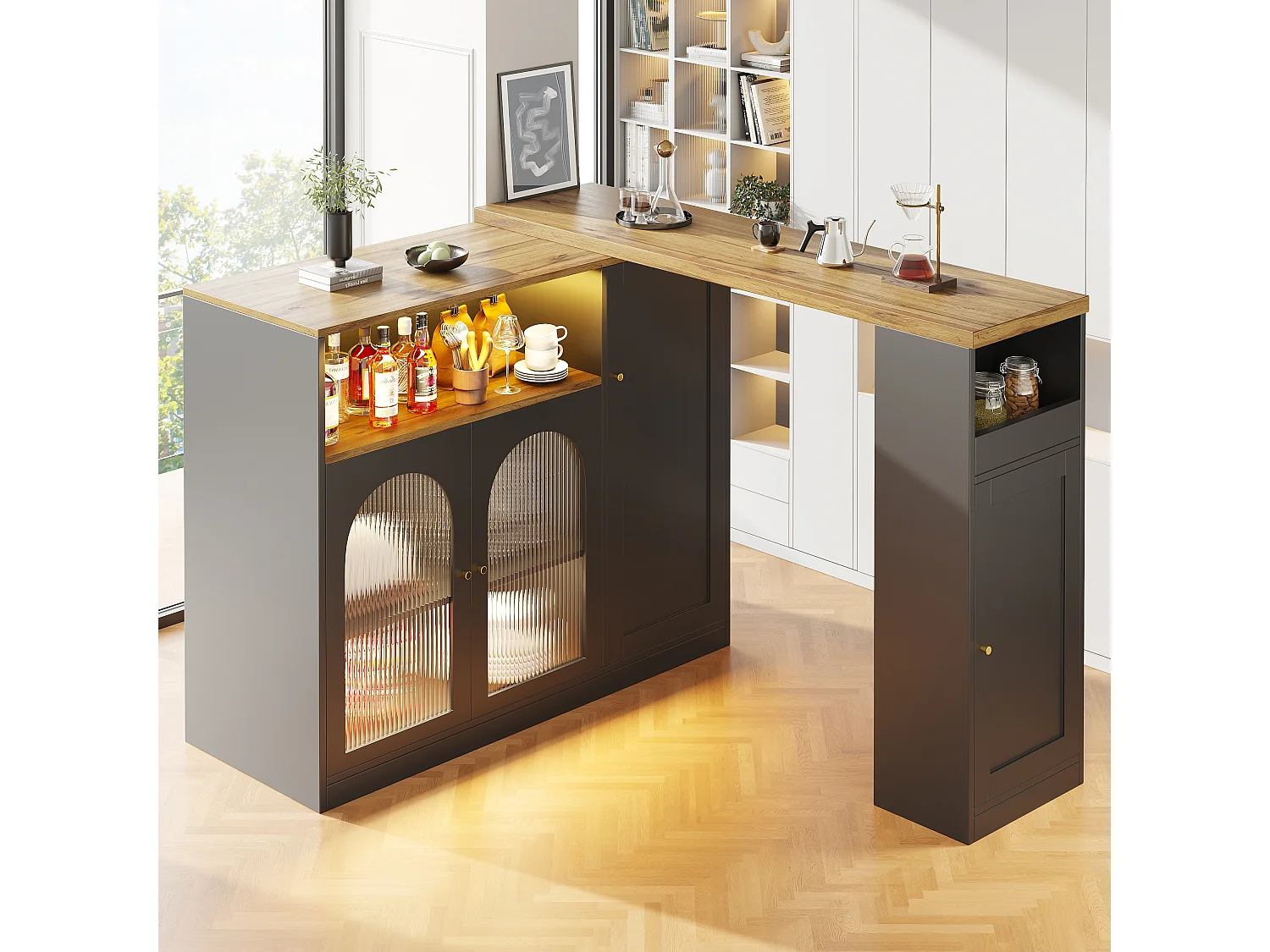 360° draaibaar bar dressoir, matzwarte behuizing met houtlook bovenkant, glazen deur en LED-verlichting, Dressoir, barkast en elegante koffiehoek